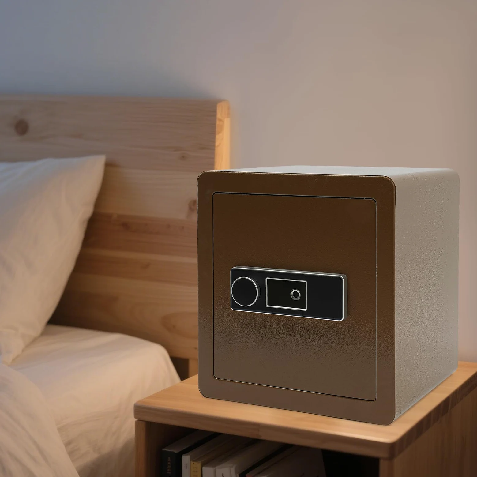Cassaforte Biometrica 45 L Cassaforte di sicurezza con impronte digitali in acciaio, ripiano rimovibile, chiave di emergenza inclusa, 16 impronte per casa e ufficio (caffè dorato)