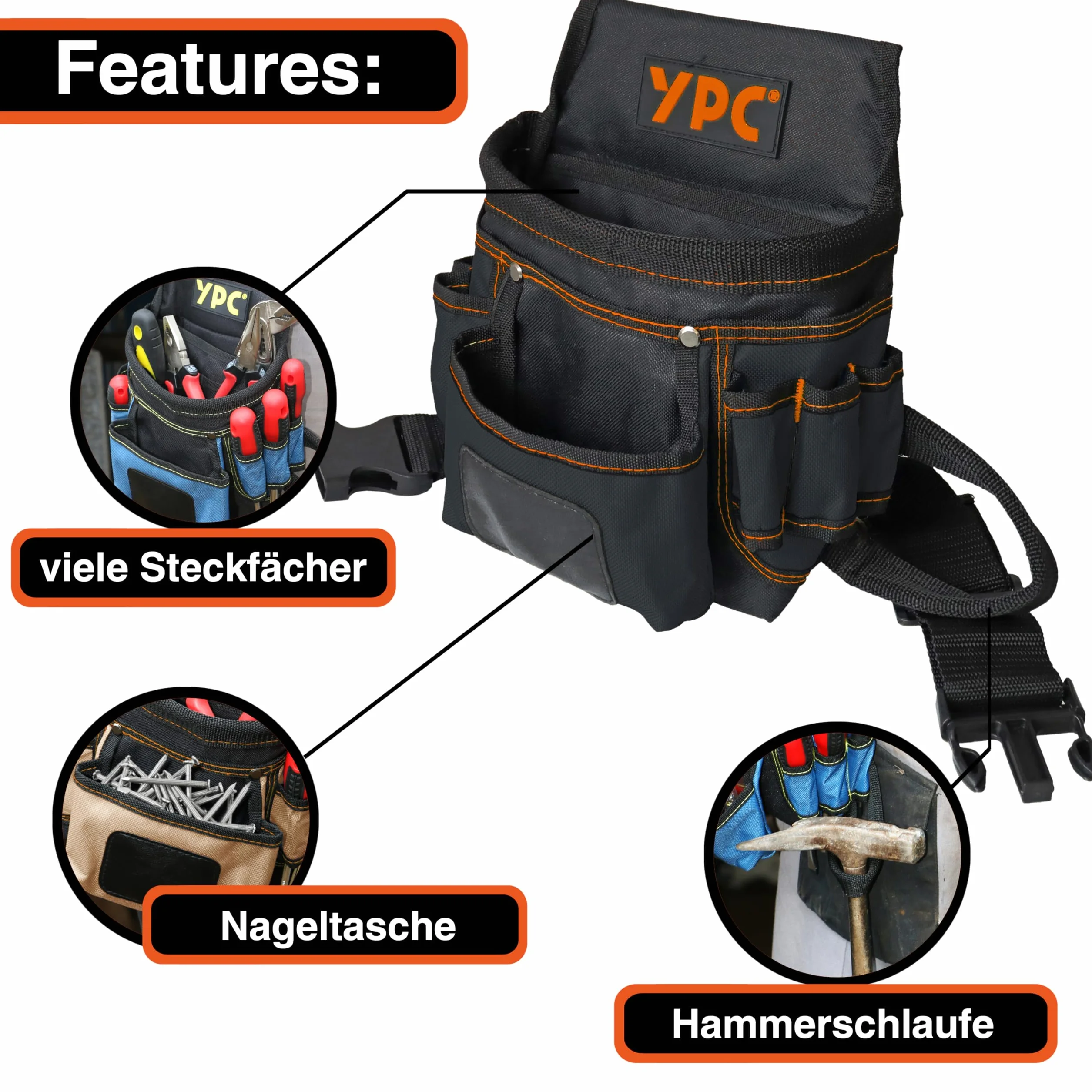 YPC Presto Tool - Marsupio XL per attrezzi, cintura da lavoro, impermeabile, con passante per martello, cintura in nylon antistrappo, 12 tasche, nero, 27 x 21 x 13 cm, portata 5 kg