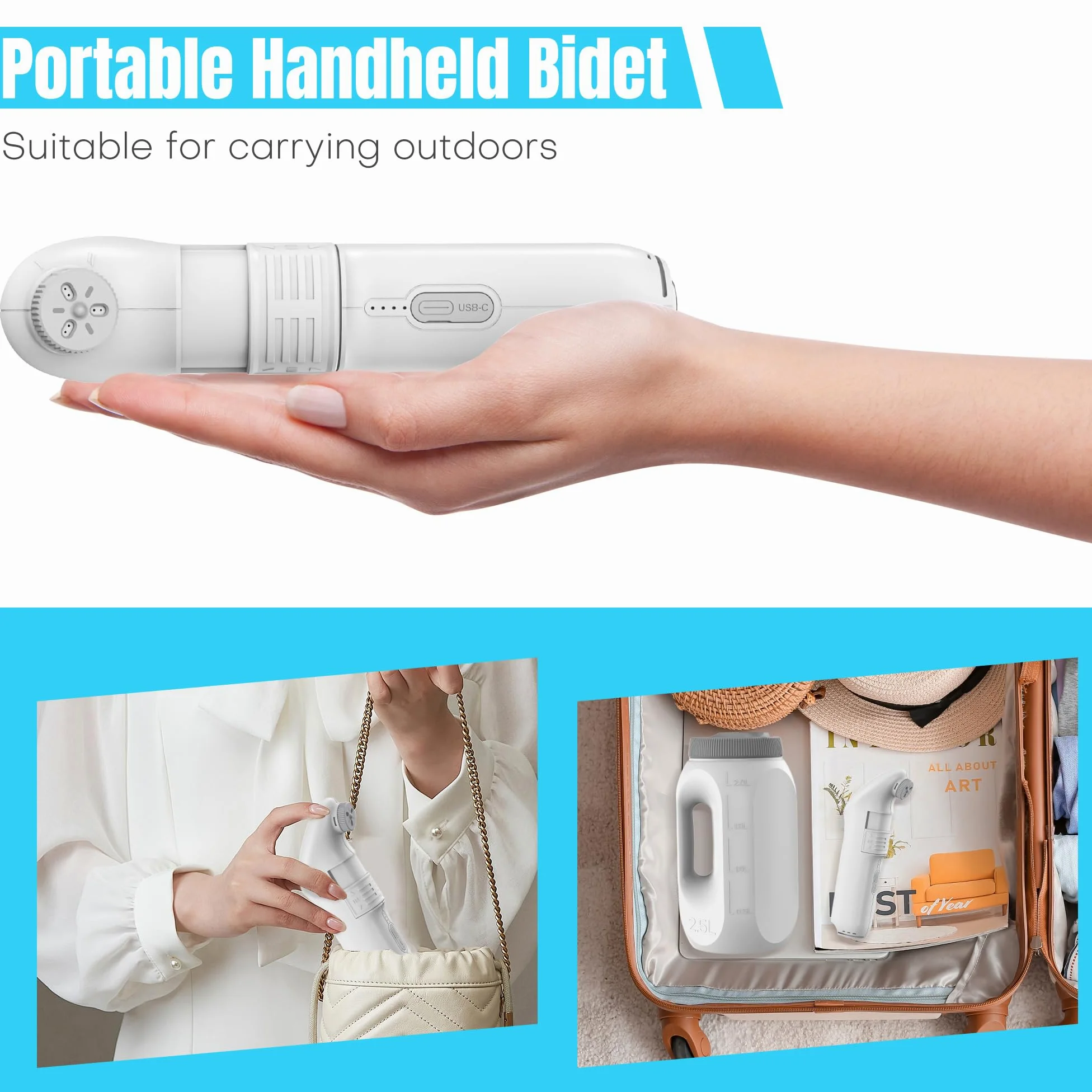 Spruzzatore portatile per Bidet per bagno, Bidet portatile elettrico da viaggio, Igiene delle parti intime con serbatoio 2,5 l per auto, bagno, WC, campeggio, nero