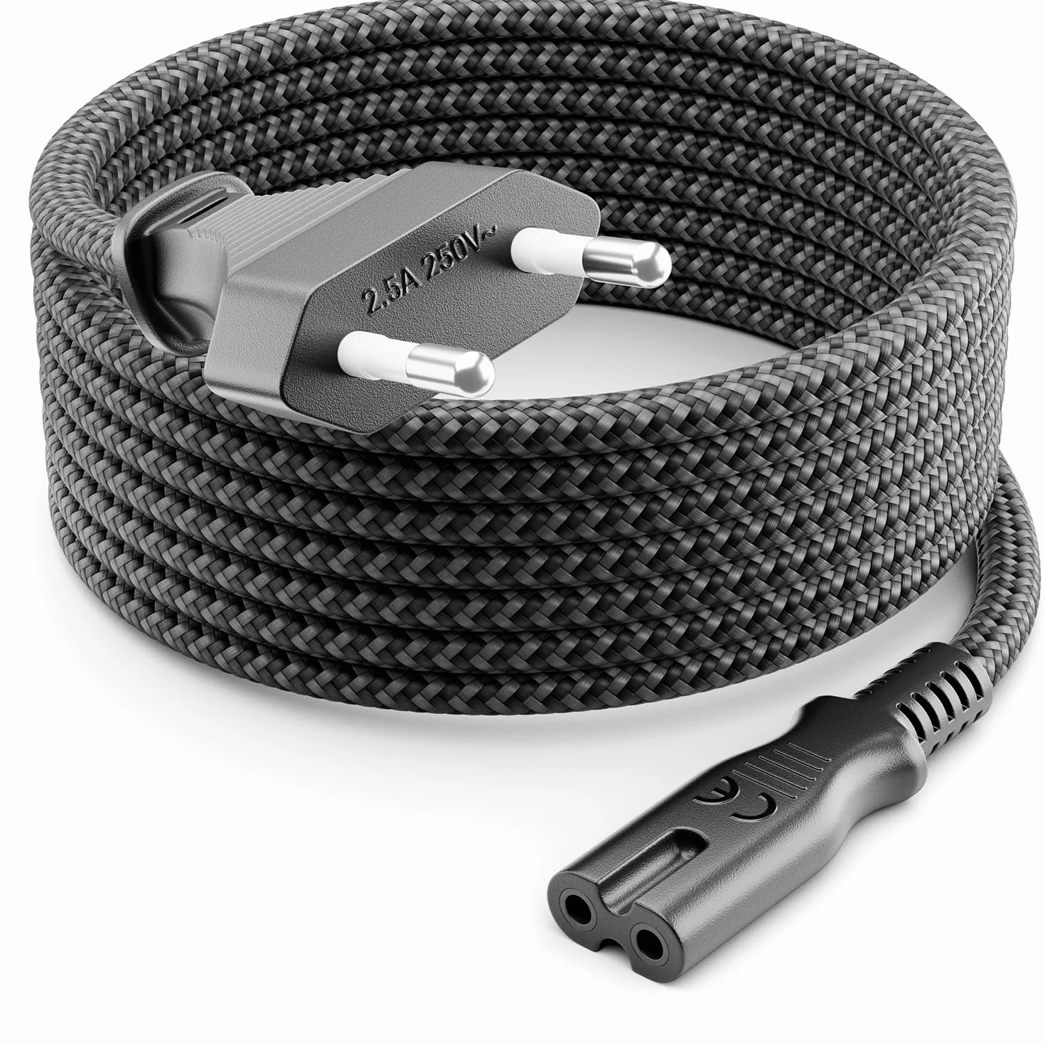 deleyCON 2m Cavo di Alimentazione Elettrico Spina Euro Tipo c a C7 (in Nylon) Connettore Piatto 2,5A per Presa C8 TV Soundbar PS4 PS5 Alimentatori Piccoli Elettrodomestici ecc. - Grigio