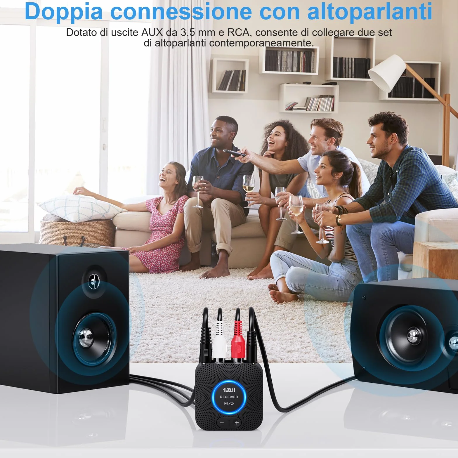 1Mii 2.4GHz (1 TX+1 RX) Set Trasmettitore e Ricevitore Audio Wireless per TV, Bassa Latenza 25ms con Ingresso/Uscita AUX RCA da 3.5mm, Adattatore Audio Wireless per TV, PC, Altoparlante, Amplificatore