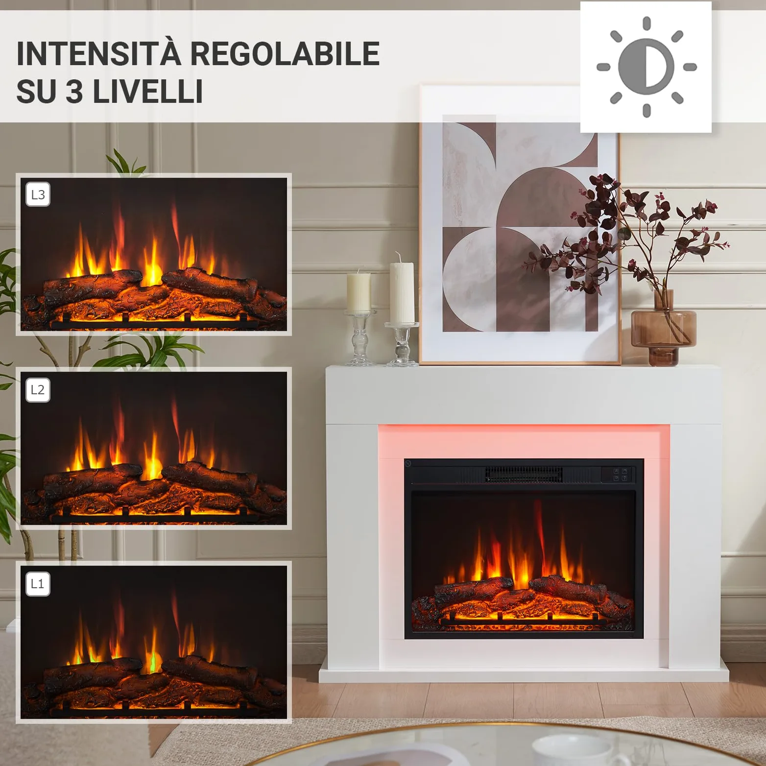 BALDERIA Finn Design Camino elettrico da terra, effetto fiamma 3D LED, riscaldamento