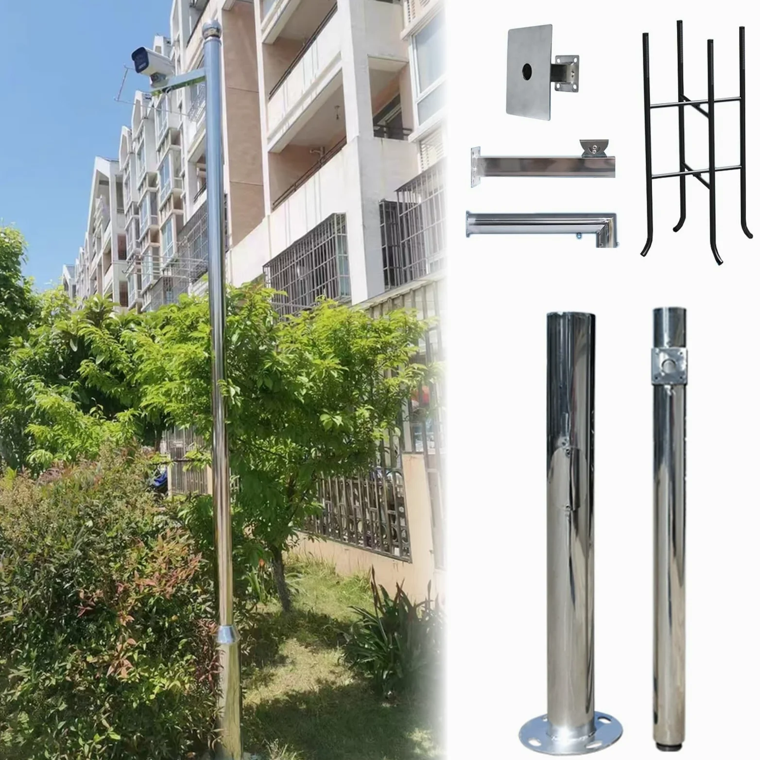 ERRULAN Staffa per Telecamera Esterna Palo di sorveglianza in Acciaio Inossidabile per Esterni, Supporto Universale per Telecamera di Sicurezza, palo CCTV grandangolare(H 9 4/5 ft (3.0m) 2 Sections)