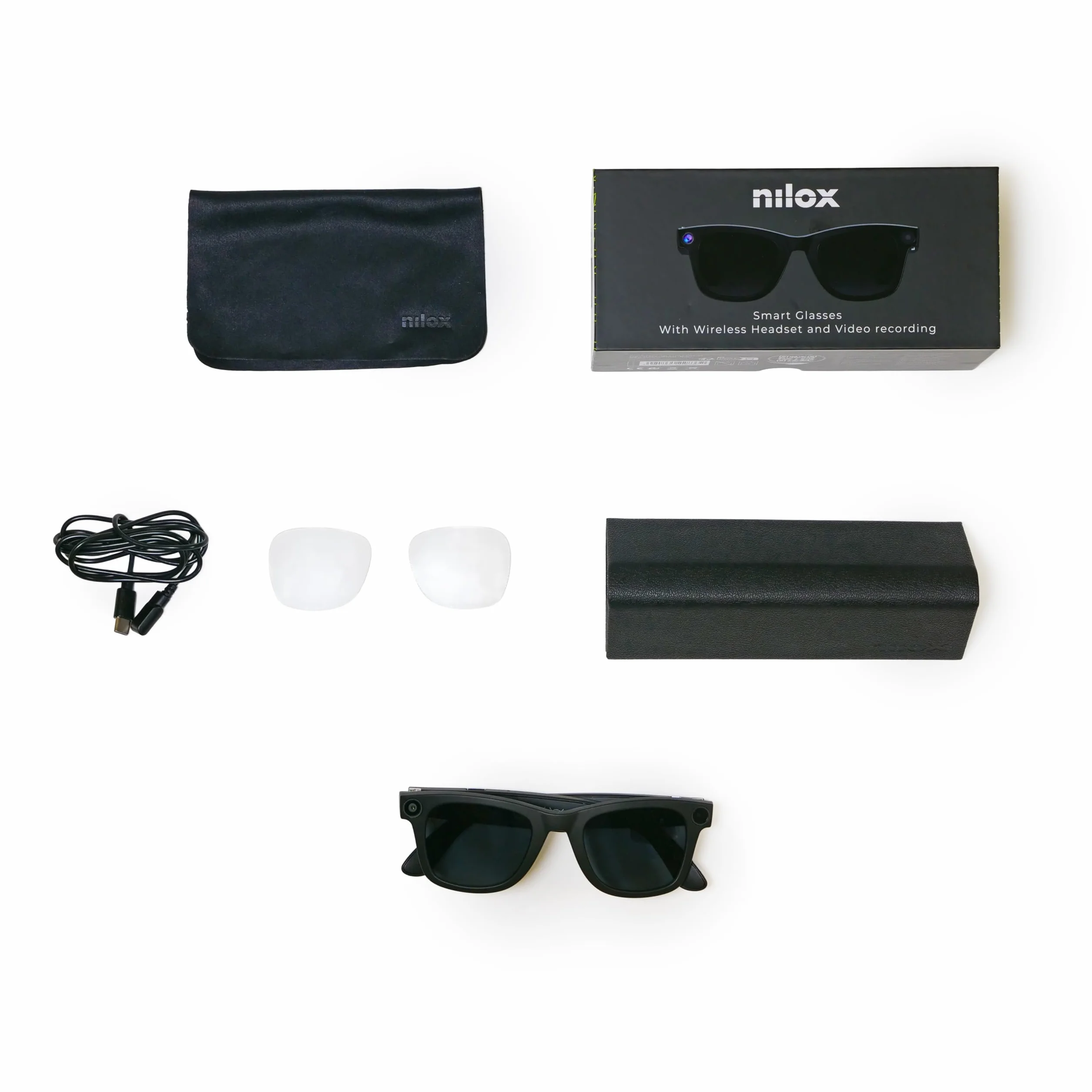 Nilox Occhiali Smart Video con Fotocamera 8MP, Registrazione Full HD 1080p, Audio Open-Ear, Lenti Intercambiabili Trasparenti e Solari, Filtro Luce Blu, Autonomia Fino a 18 Ore