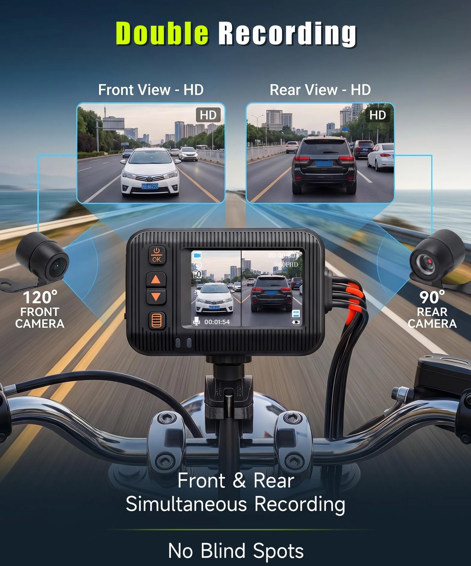 Rimoody Dashcam per Moto 1080P con Due Telecamere, 2" Schermo, Telecamera a Doppia Lente Anteriore e Posteriore, IP67 Impermeabile, Visione Notturna, G-Sensor, Loop Video, Monitoraggio di Parcheggio