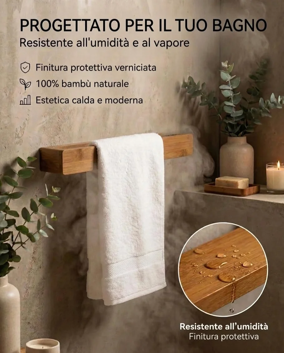 Porta Asciugamani Bagno Bambù Naturale 30cm Adesivo Extra Forte Resistente all'Umidità