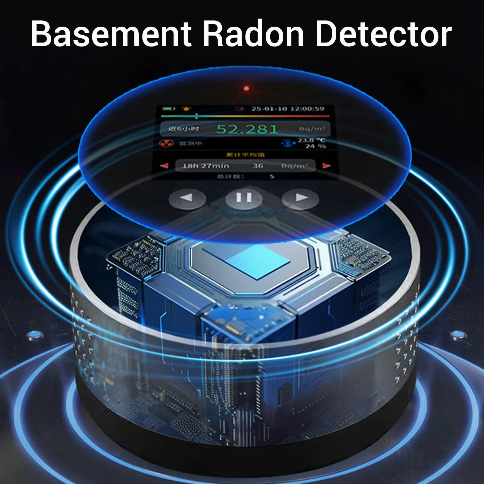 Rilevatore di Radon, Letture a Lungo Termine a Breve Termine, Display LCD, Alimentato a Batteria Ricaricabile, Portatile Compatto per Casa, Ufficio, Seminterrato Scolastico con