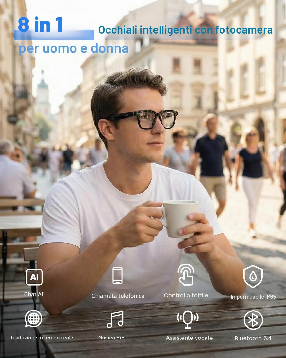 Occhiali Intelligenti Con Fotocamera e Bluetooth, 8 MP, 32 GB, HD 1200p, Con Funzionalità di Registrazione Foto/Video/Audio, Traduzione in Tempo Reale, Assistente Vocale e Riconoscimento Degli Oggetti