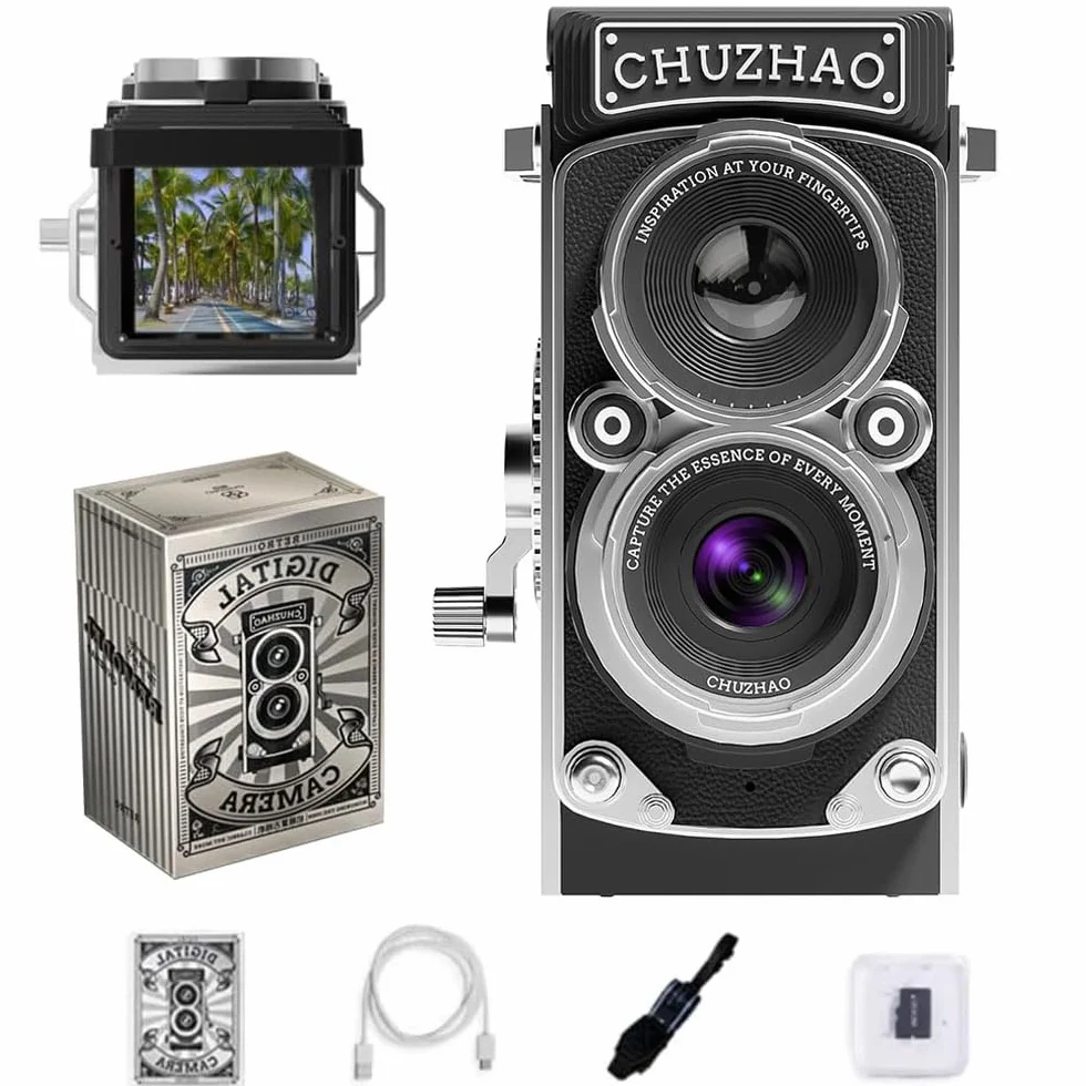CHUZHAO - Mini fotocamera digitale TLR stile retrò con scheda da 16 GB, autofocus 12 MP 1080p FHD per vlogging, per principianti, adolescenti e adulti, videocamera tascabile portatile vintage