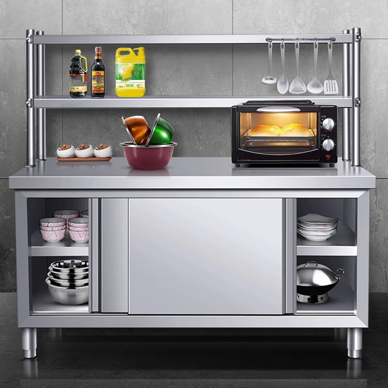 Generico Banco da Lavoro in Acciaio Inossidabile con Piedini Regolabili - Ampio Tavolo da Cucina Multifunzionale e mobiletto portaoggetti per casa, Ristorante, Garage - Design Durevole, spazioso e ve