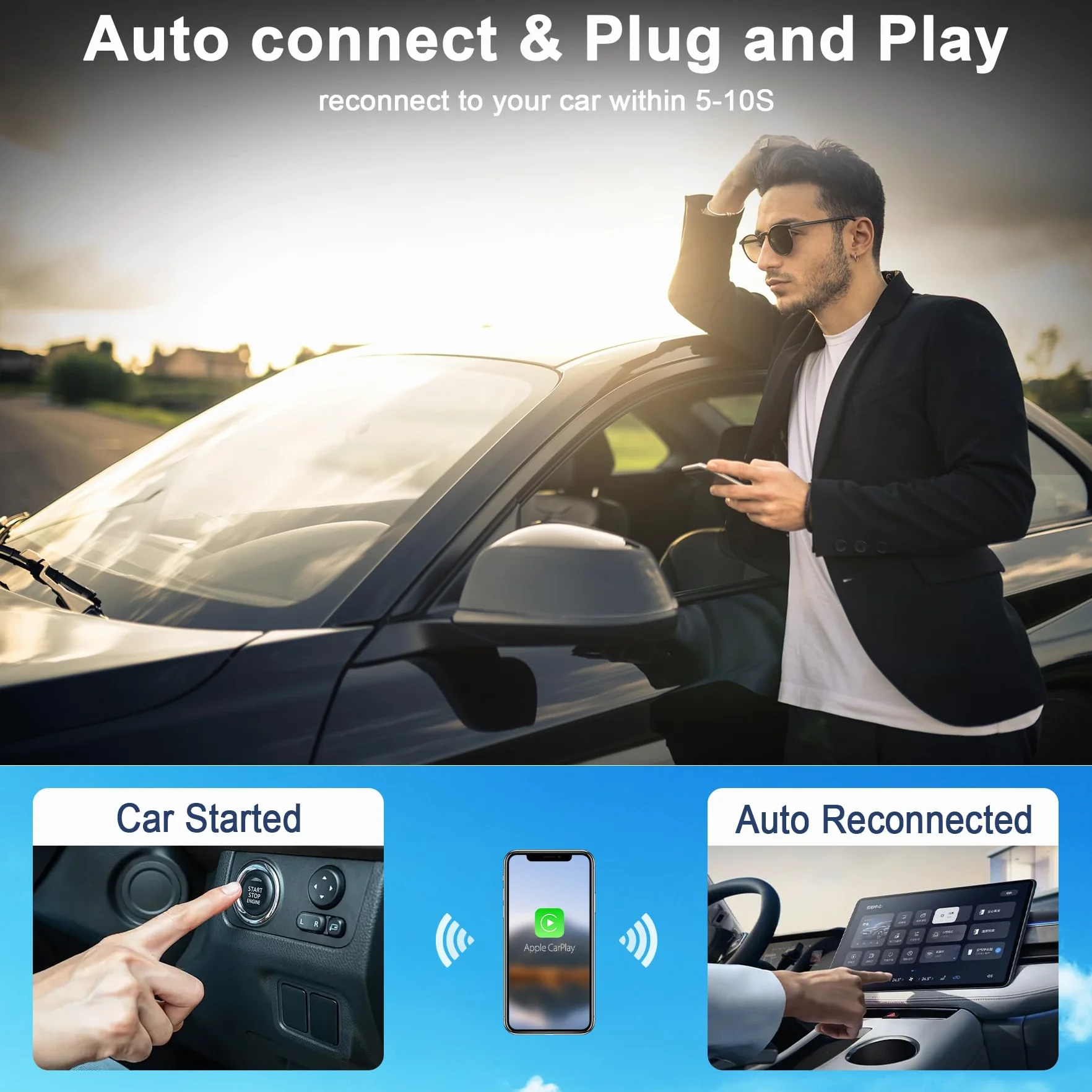 Adattatore CarPlay Wireless 5GHZ, Conversione CarPlay Cablato in Wireless, Connessione Automatica, per Veicoli con CarPlay Cablato di Fabbrica, Plug and Play,Nero