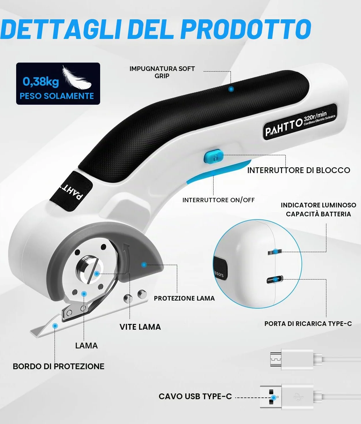 PAHTTO Forbici elettriche senza fili Taglierina rotante 4V 320 giri/min con 2 lame autoaffilanti per cartone, pelle, tessuto