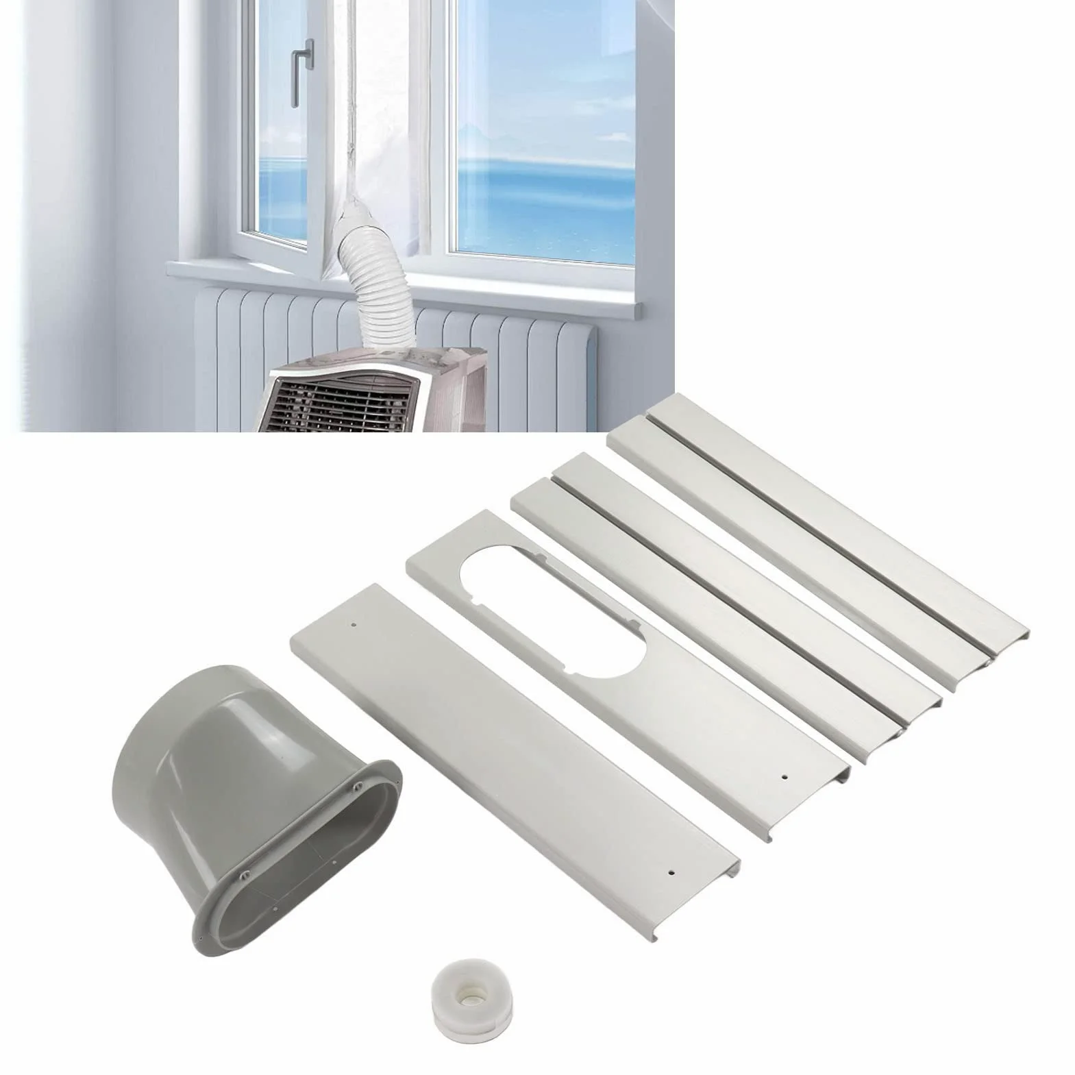 Kit Finestra per Condizionatore Portatile Regolabile 43-140cm con Adattatore 130mm PVC Include 4 Deflettori Viti e Striscia Fissa
