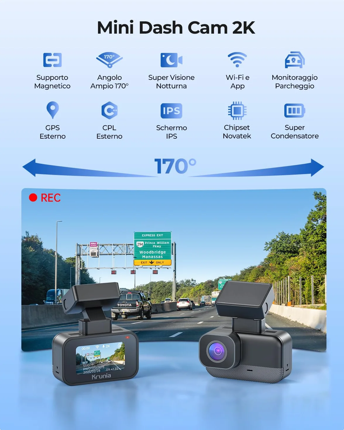 2K Wi-Fi Mini Dash Cam Auto, Telecamera con App, Compatibile con CPL e GPS Esterni, Supporti Magnetici, Visione Notturna WDR, Sorveglianza Parcheggio 24h, Supercondensatore, Angolo 170°