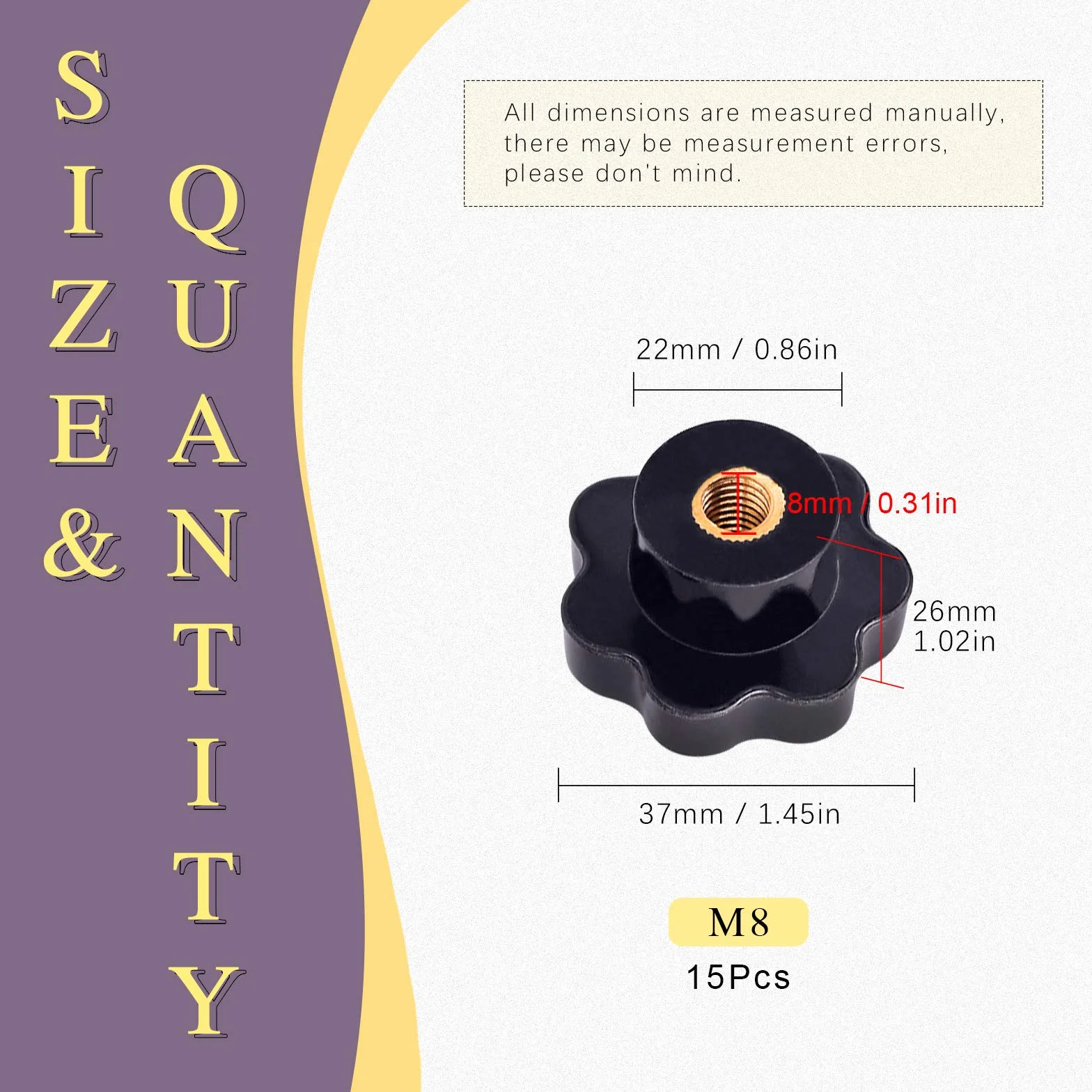Swpeet Kit 15 manopole M8 a 7 stelle filettatura femmina plastica nera bloccaggio