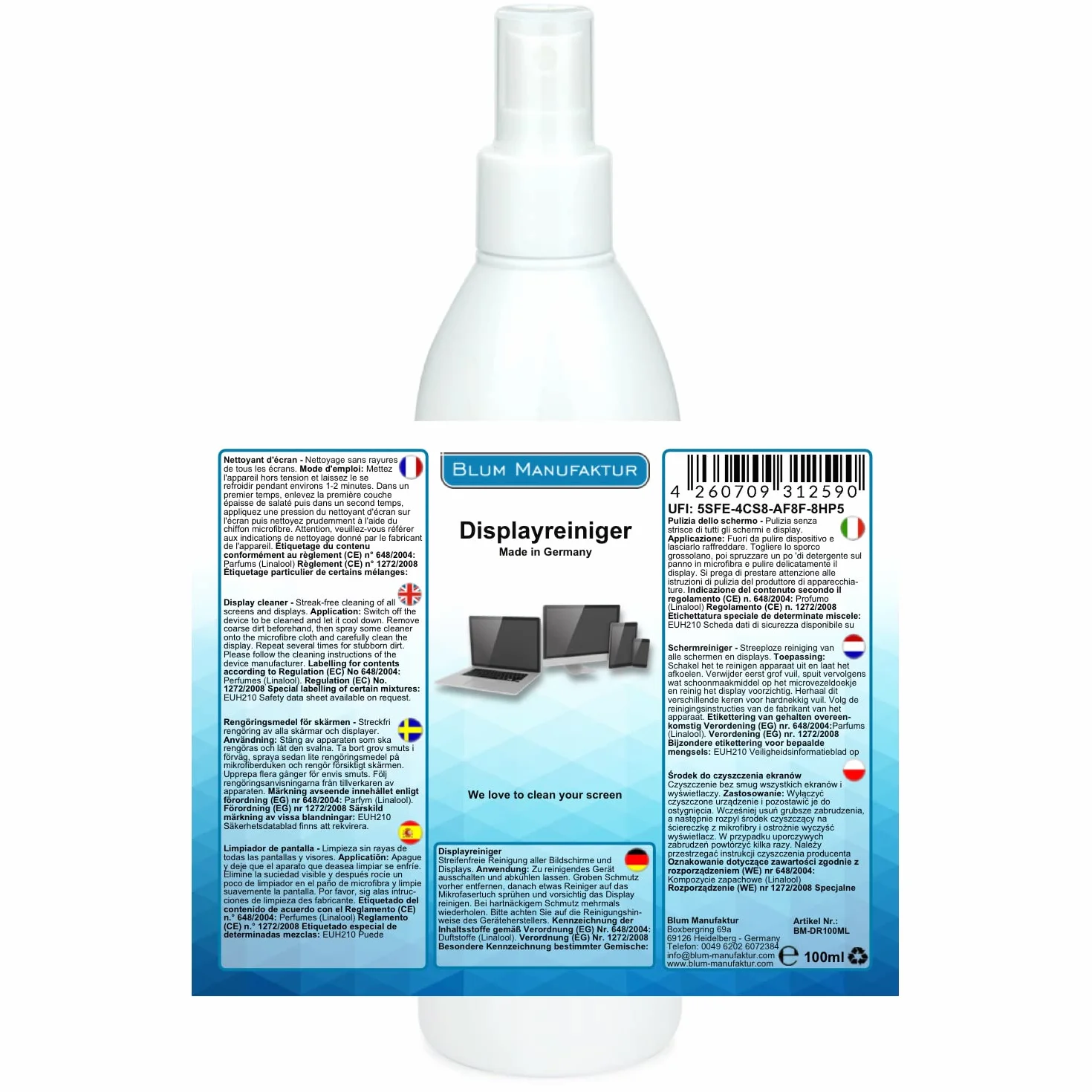 Blum Manufaktur 100ml Pulitore per schermo piatto + panno microfibra 30x30 cm - Pulizia perfetta di tutti gli schermi e display. Senza striature e senza strisce.
