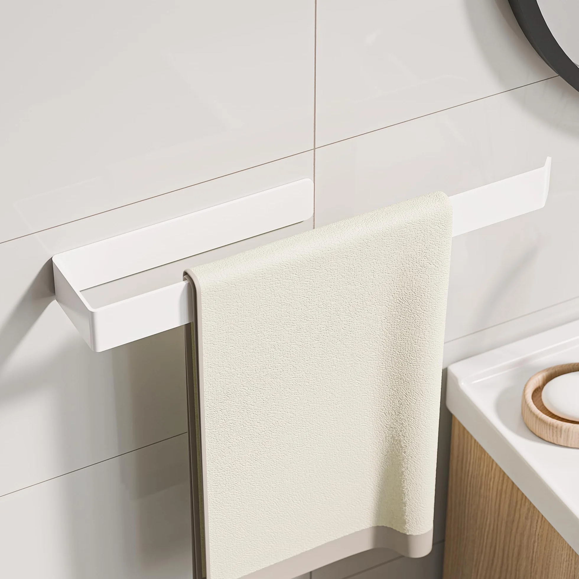 Portasciugamani senza foratura in alluminio, metallo, per bagno e cucina, bianco 32 cm