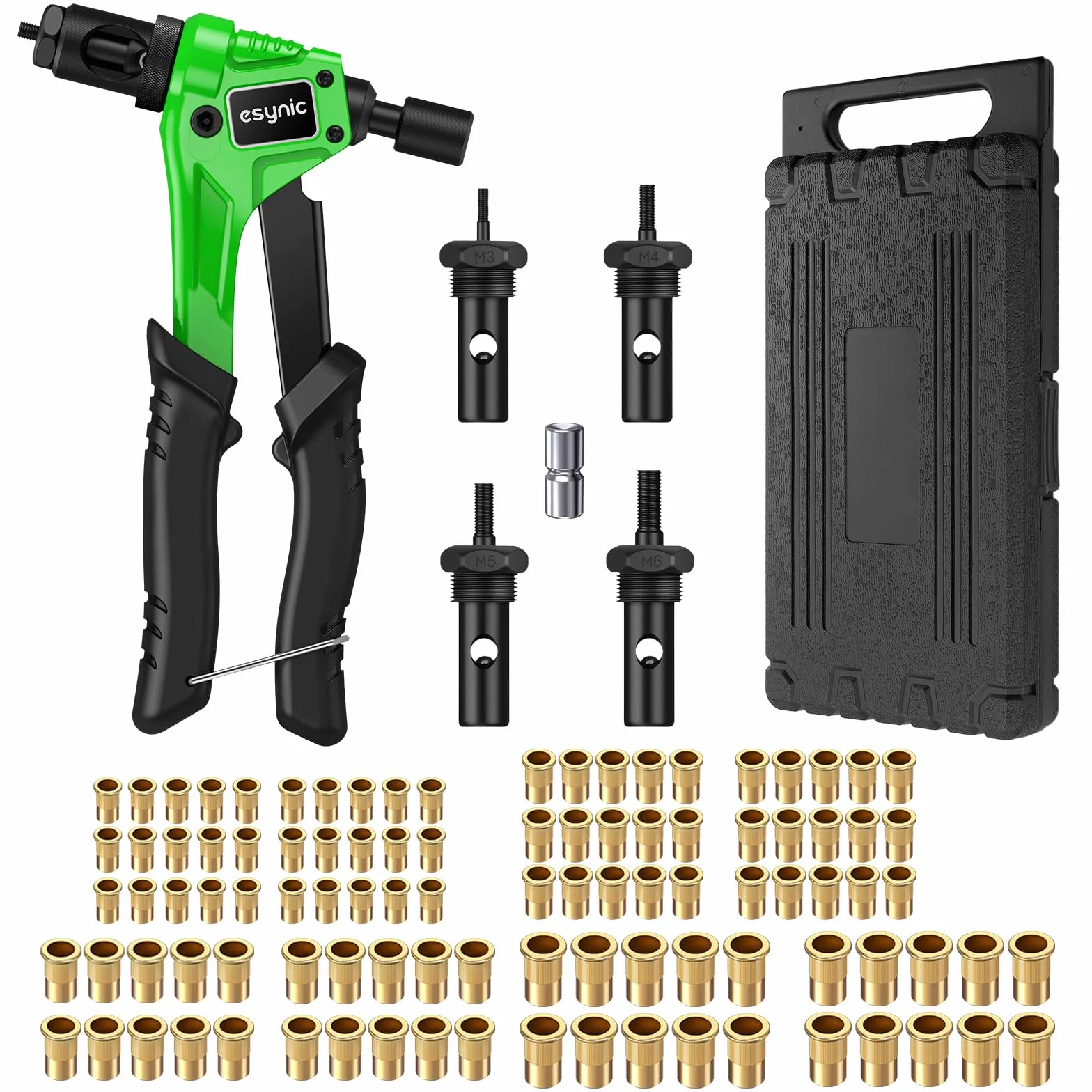 ESYNiC Kit Rivettatrice Professionale 8" 100pz Rivetti Dadi M3 M4 M5 M6 Pinza Pistola Manuale