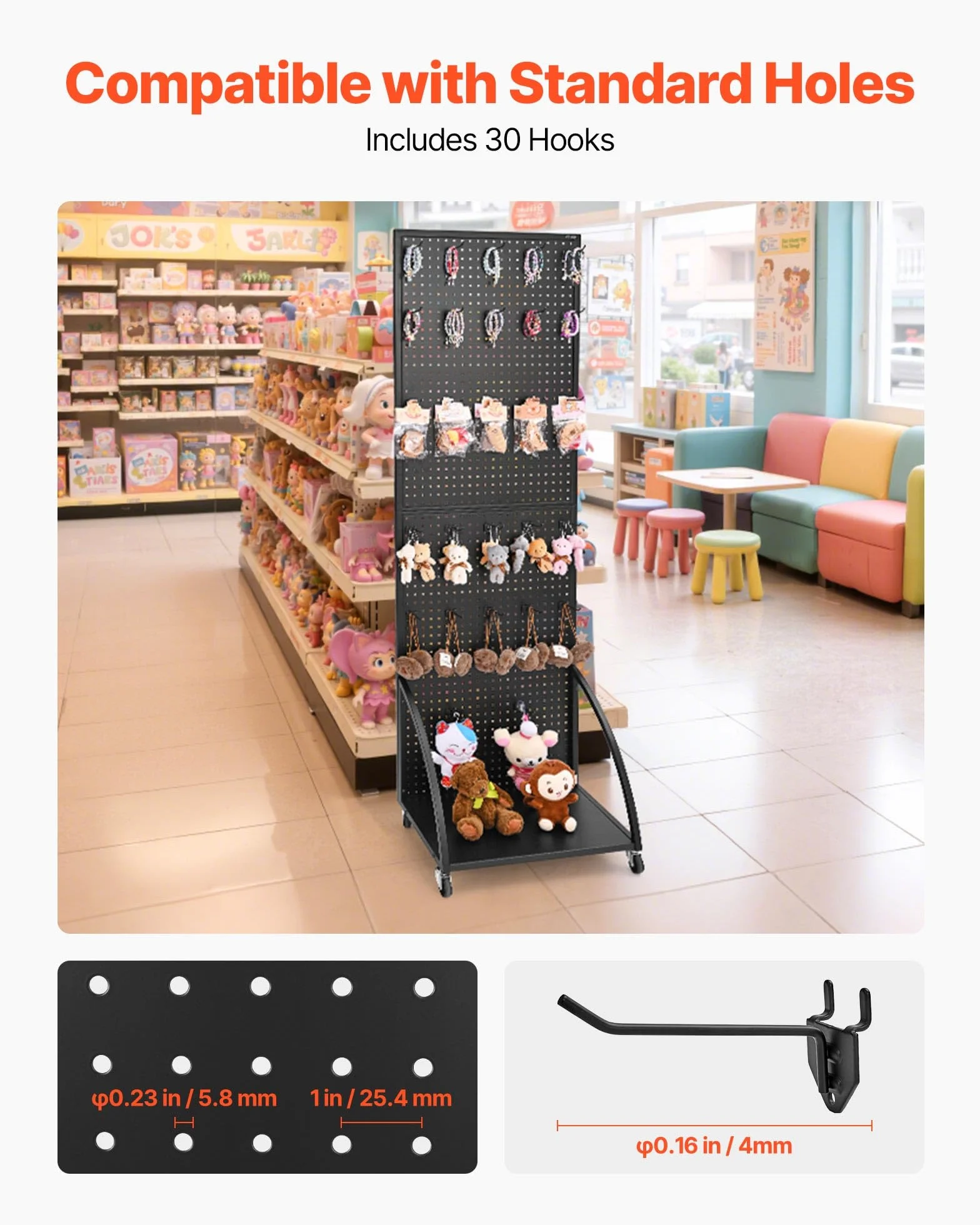 VEVOR Espositore per Pannello Forato 600 x 1770 mm con Ruote e Ganci, Acciaio Laminato a Freddo, Nero