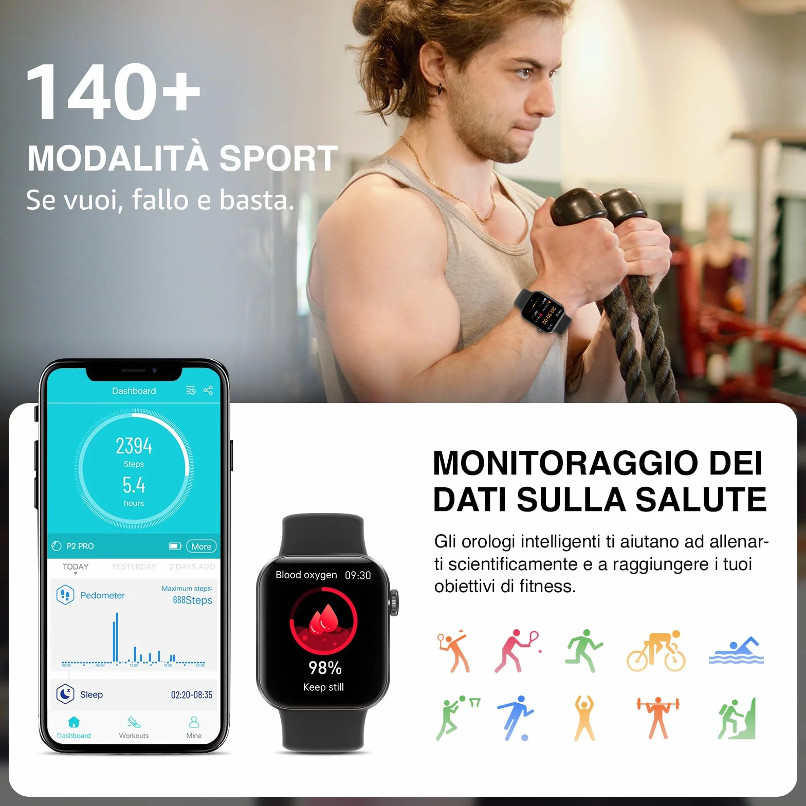 Smartwatch Uomo Donna, 1.85" Orologio Smartwatch con Effettua/Risposta Chiamate, 140 Sportive Smart Watch con Contapassi/Sonno/Cardiofrequenzimetro/SpO2, Impermeabil IP68 Smartband per Android iOS