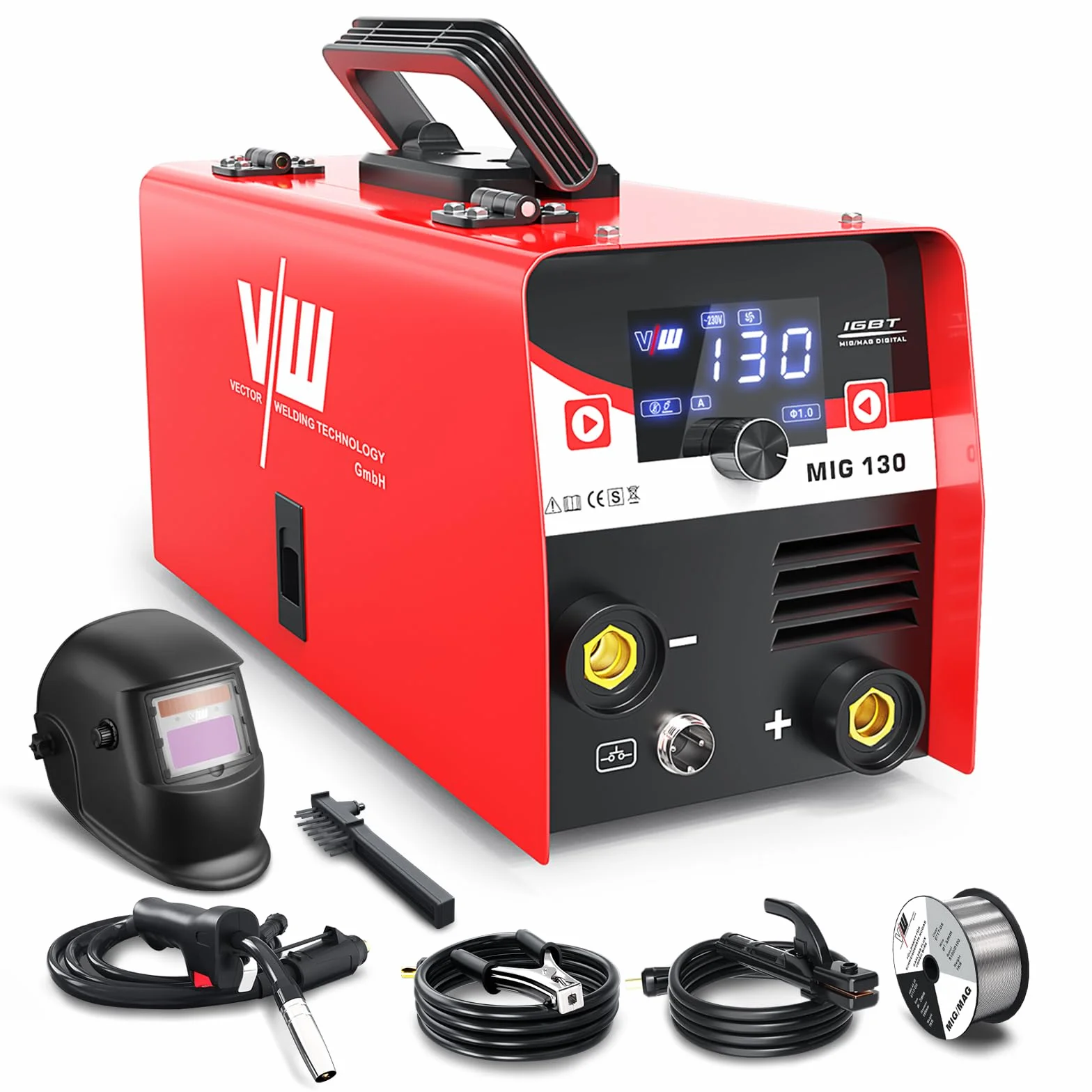 VECTOR WELDING MIG 130A Saldatrice a Filo Continuo No Gas 3 in 1 Inverter IGBT con Maschera Auto-Oscurante