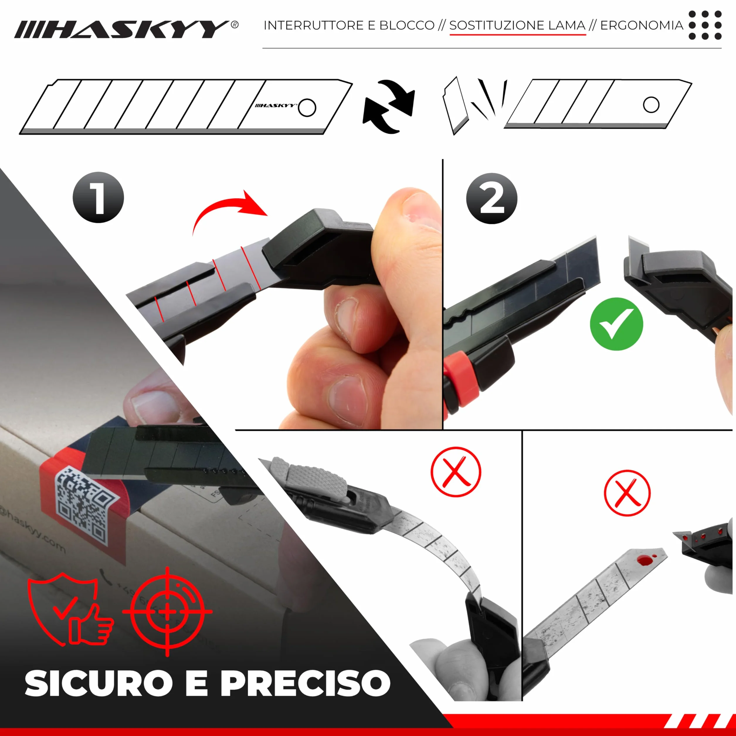 HASKYY Taglierino da Tappeto 18mm Set 5x Coltelli con Lama SK5 Ergonomico
