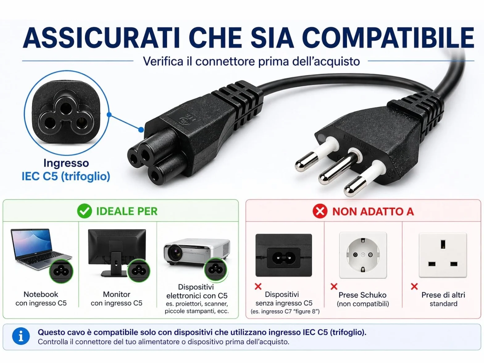 Cavo Alimentazione Notebook 1,8m IEC C5 Trifoglio – Spina Italiana 3 Poli 10A 250V IMQ | Cavo Alimentatore PC Portatile, Monitor, Stampante