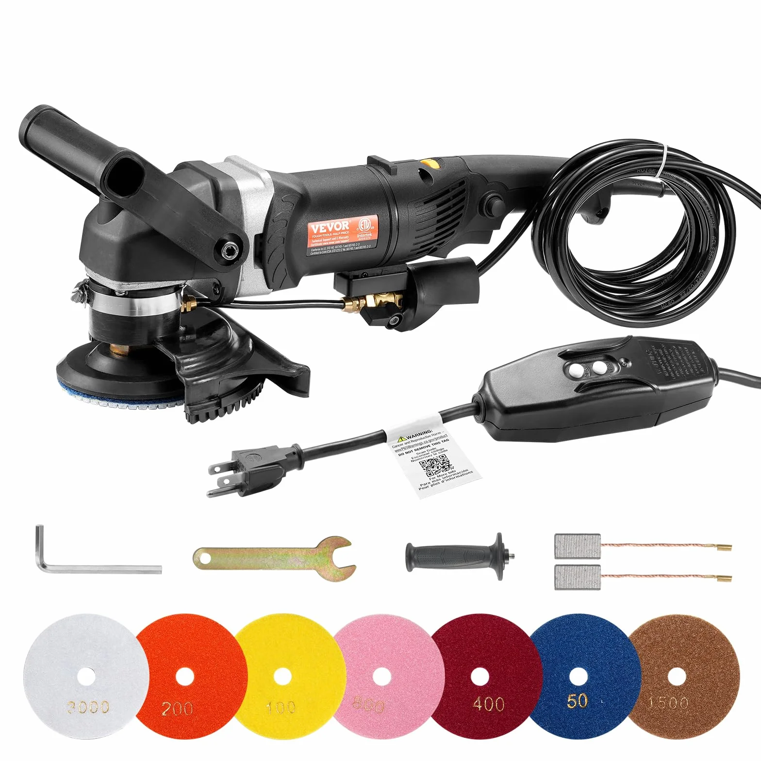 VEVOR Lucidatrice a Umido 800 W, 100 mm, 6 Velocità, 7 Tamponi, per Marmo Granito Pietra