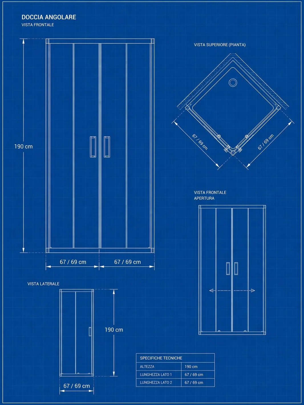 Box Doccia Angolare Vetro Temperato 6mm 2 Porte Scorrevoli Altezza 190cm 70x70 Cromati Chiusura Magnetica