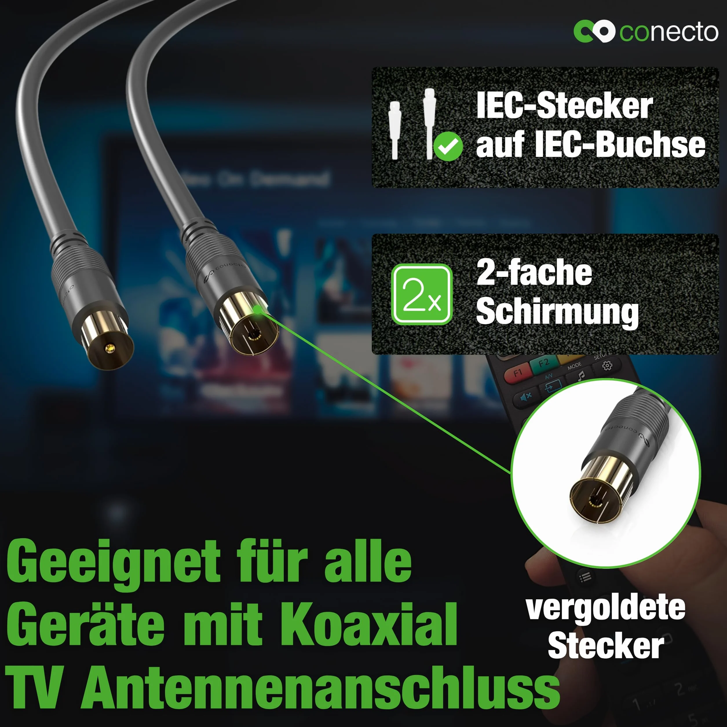 cavo antenna conecto cavo SAT cavo coassiale cavo satellitare TV 1,50 m doppia schermatura, da spina IEC a presa IEC, per HDTV, ricevitore, satellite, DAB, radio, nero