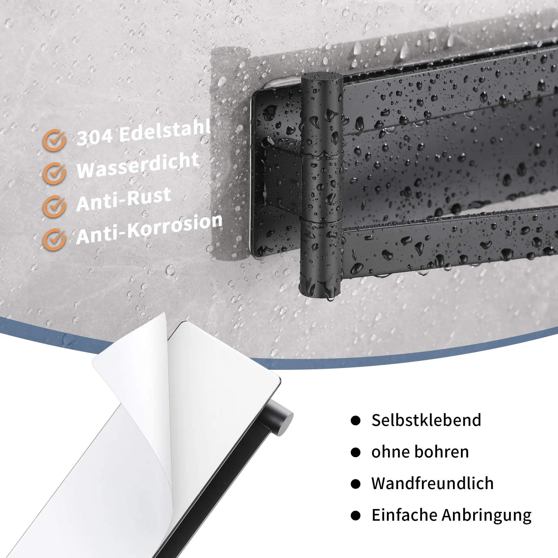 Porta Asciugamani Bagno Adesivo Girevole 180° Acciaio SUS304 Nero 39cm