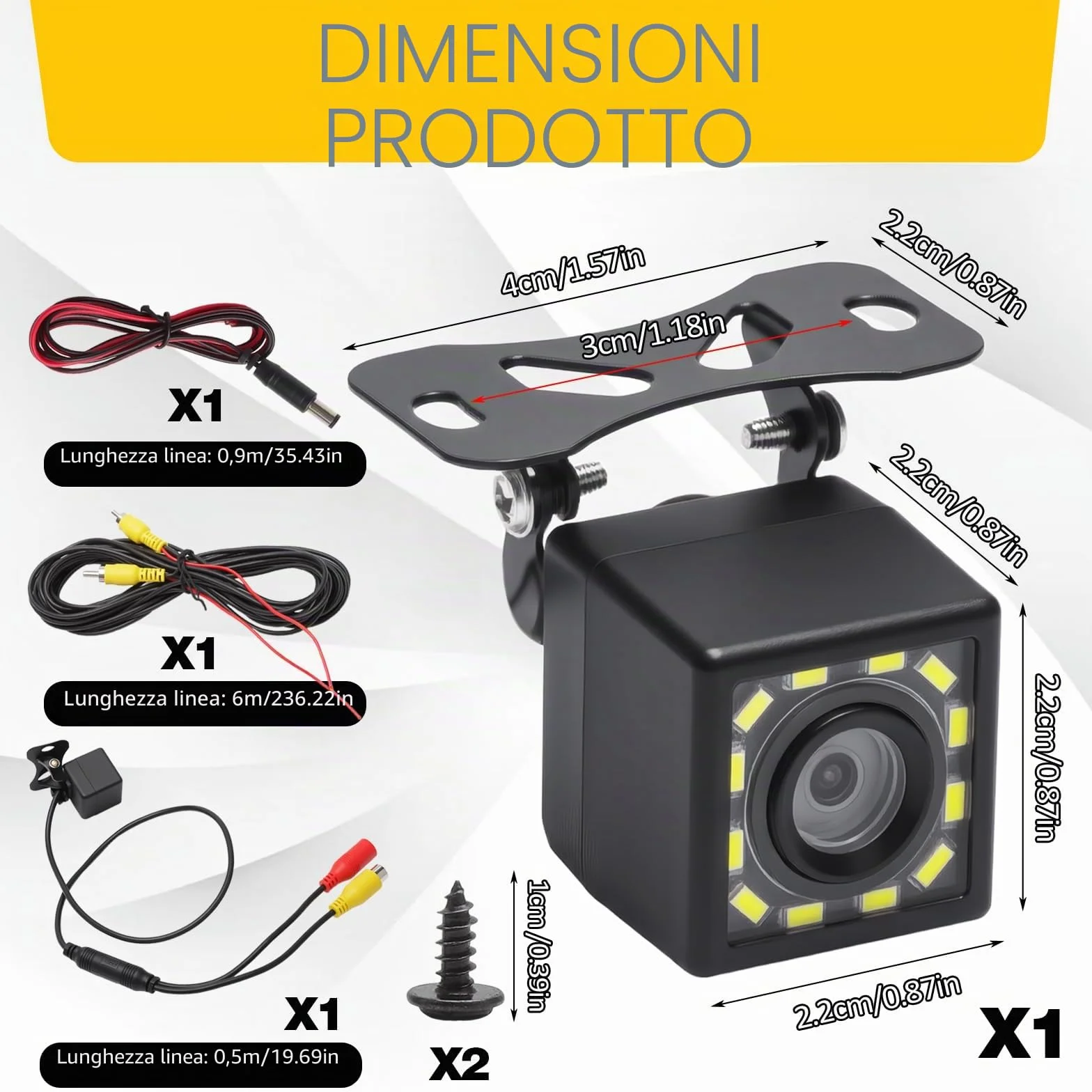 Set Telecamera per Auto 720P, Telecamera Auto Impermeabili IP68 con Grandangolo 170°, Telecamera Retromarcia con Visione Notturna Chiara e 12 LED per Camper, Camion, Pick-up e Rimorchi, Cavo da 6 m