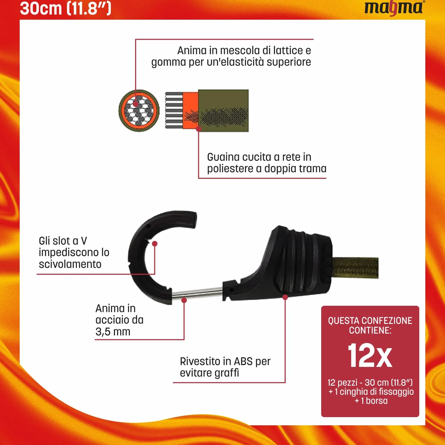 MAGMA Set da 12 Corde Elastiche | Cavi Extra Forti con Ganci | Cavi Elastici di Fissaggio Per Auto per Assicurare Portapacchi e Teloni | Per Campeggio, Uso Militare, Attività all’Aperto (30cm, Nere)