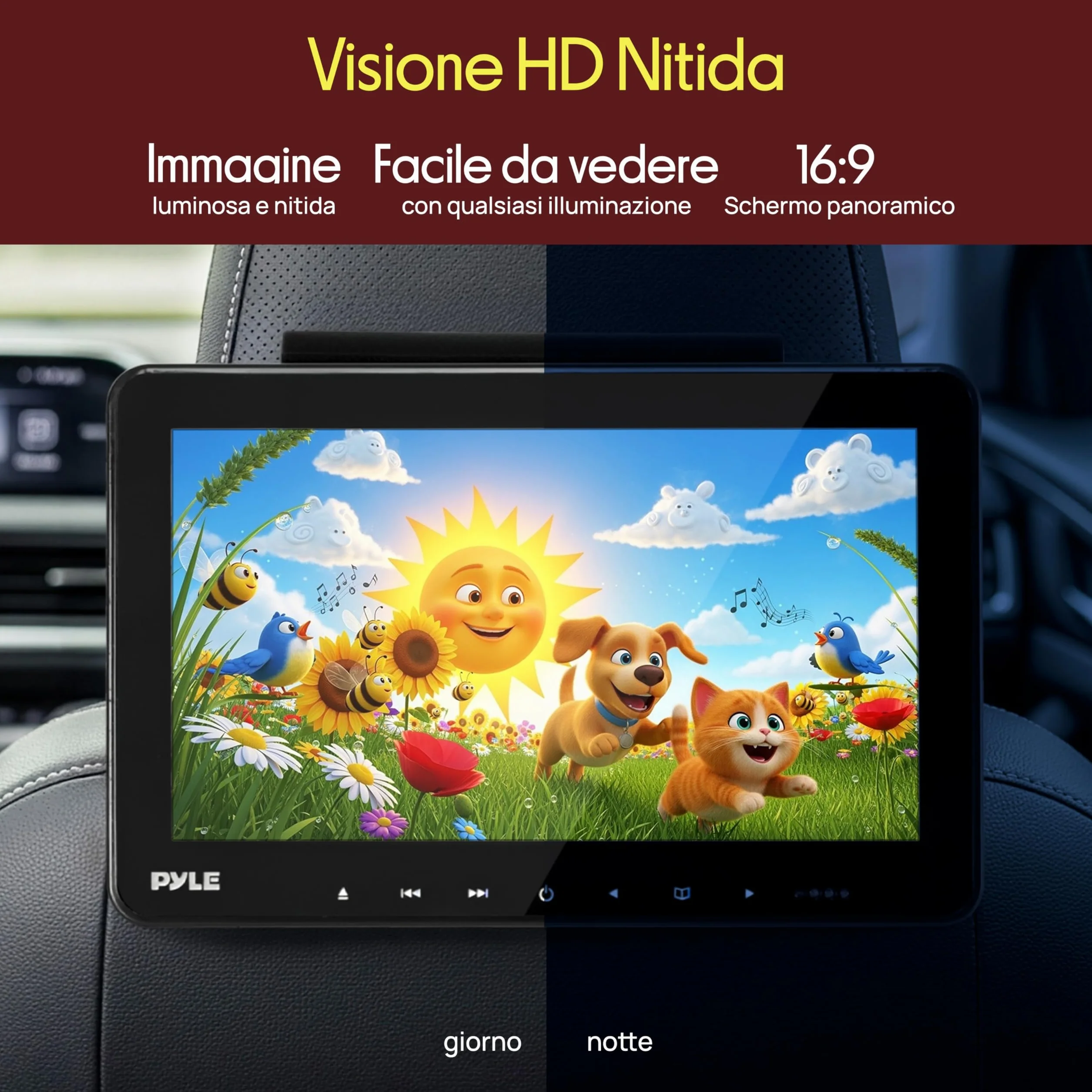 Pyle Schermo per Auto, per Poggiatesta Auto 26,7 cm con Lettore DVD Integrati, Trasmettitore IR/FM, HDMI, USB/SD, 2 Cuffie Wireless, Sistema Intrattenimento Sedile Posteriore Auto