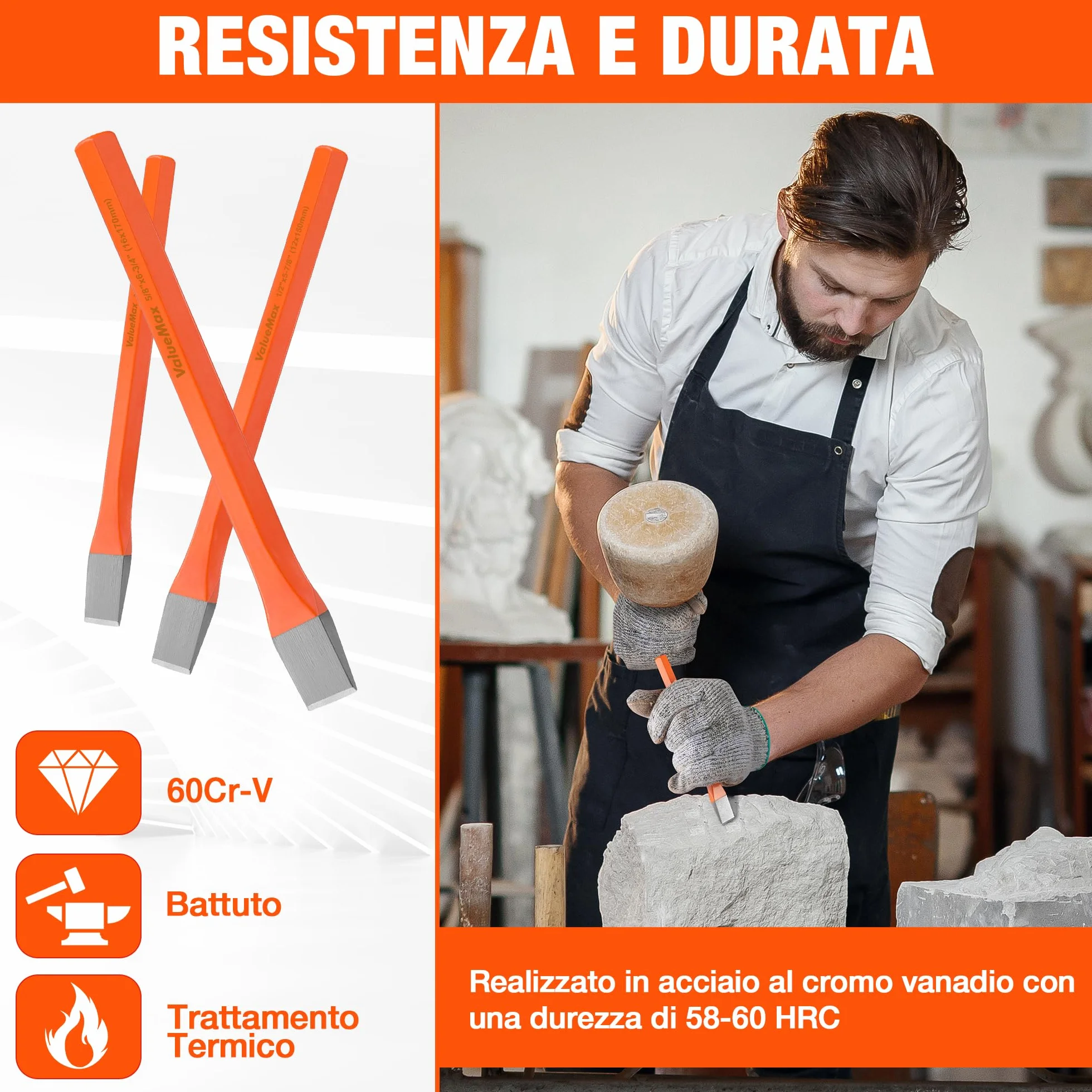 ValueMax Set di Scalpelli da 3 Pezzi, Scalpello Piatto in Acciaio Cr-V, Scalpello a Freddo 10-16 mm per Pietra e Cemento