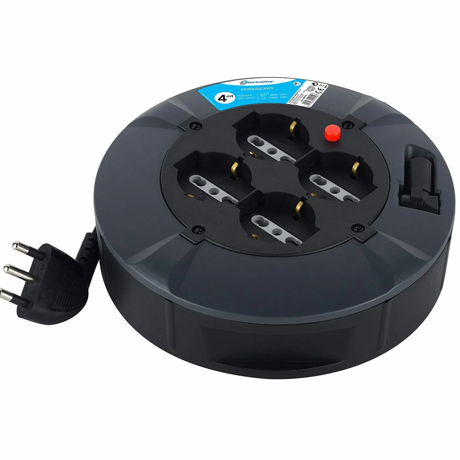 Electraline 49019 Prolunga Elettrica con Avvolgicavo, 3G 1 mm, Lunghezza 4 m, 4 Prese Bivalenti, Spina 16 A, Nero