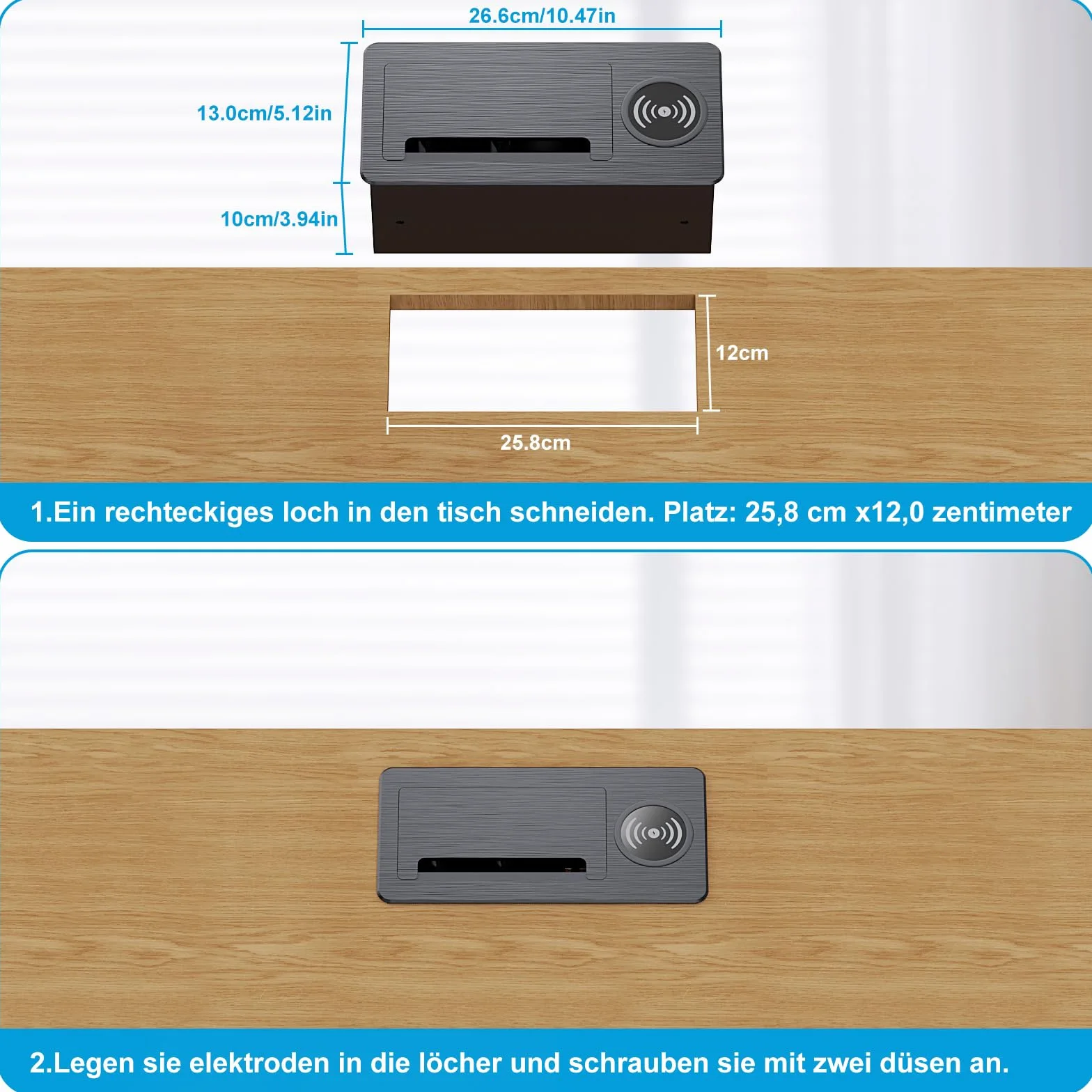 Ciabatta elettrica a scomparsa a 2 prese con 2 USB-C PD 20 W e 1 USB-A, presa da incasso in alluminio con cavo da 2 m, colore nero