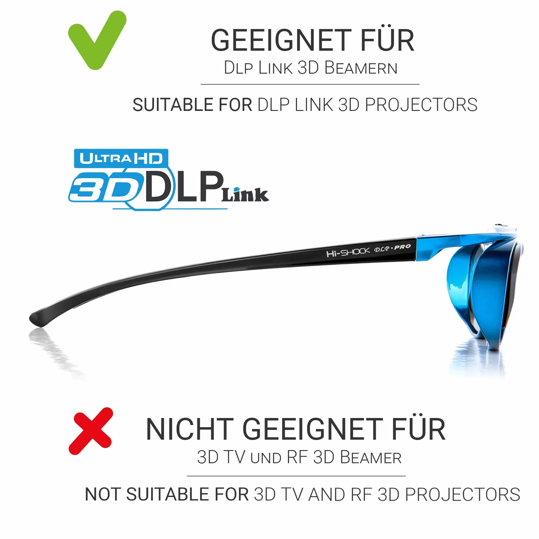 Hi-SHOCK DLP Pro Blue Heaven | Occhiali attivi DLP Link 3D - Compatibili con i proiettori DLP 3D di Acer, BenQ, Optoma, Viewsonic | Sostituzione per PPA5610 / E4W [96-200 Hz | 32g | Ricaricabile]