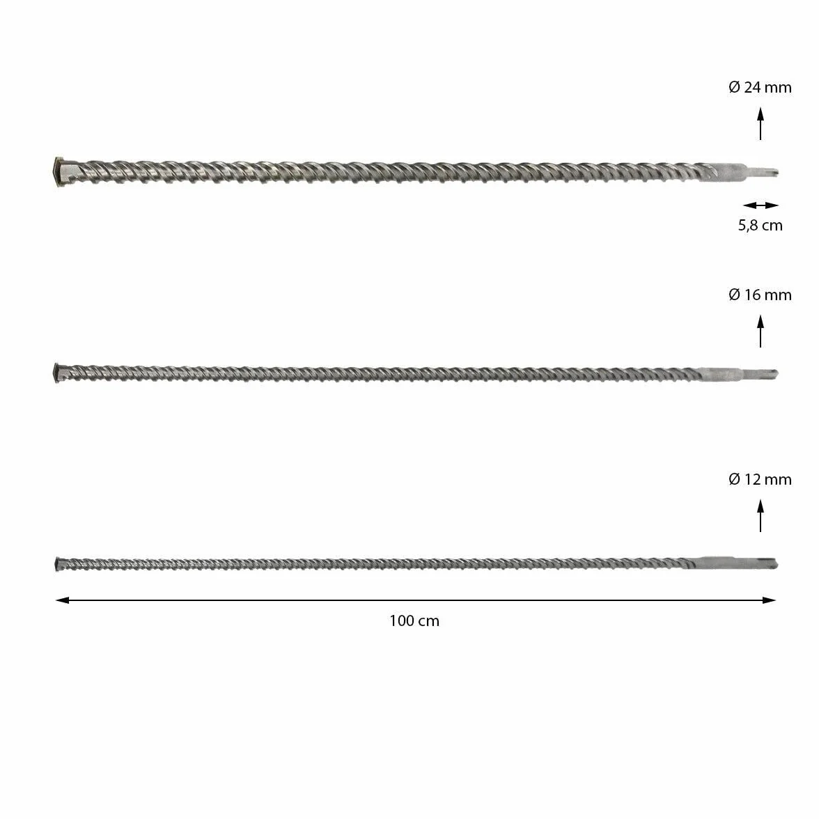 Punte SDS Plus Lunghe 100 cm Ø 12 16 24 mm – Set 3 Punte per Trapano Tassellatore e Demolitore