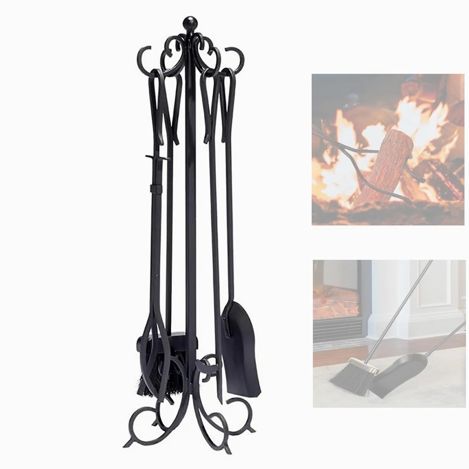 Set di attrezzi per camino, in ferro battuto resistente, set di 5 attrezzi per braciere con pinza, pala, attizzatoio e spazzola, per interni ed esterni, kit di accessori invernali