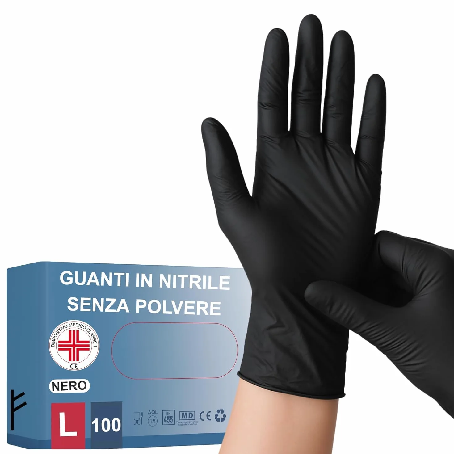 S&S-Medical Guanti in Nitrile Neri Senza Polvere Monouso Ipoallergenici Dispositivo Medico (100, L)
