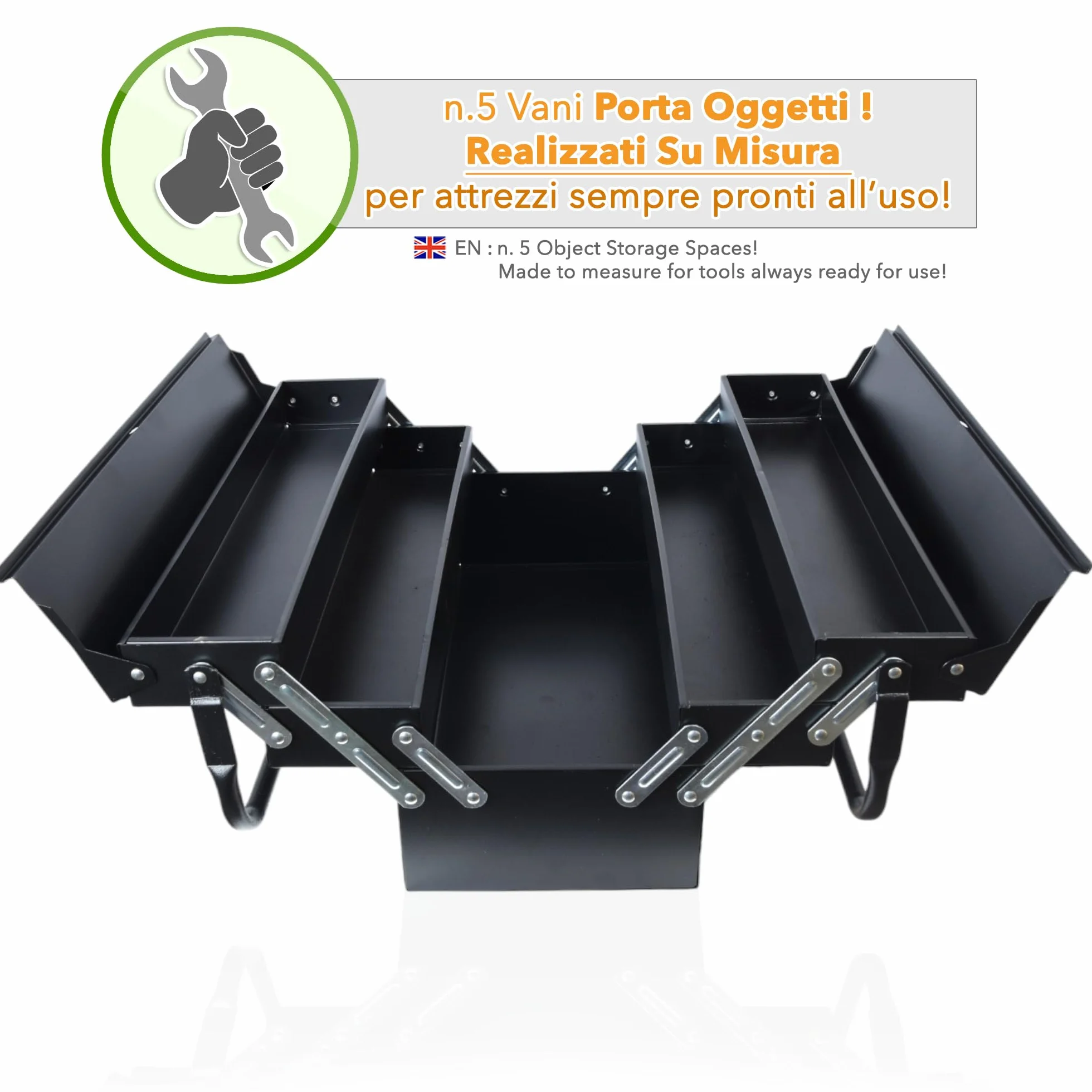 Valigetta porta attrezzi in metallo 5 scomparti acciaio nero opaco professionale 470x300x200 mm