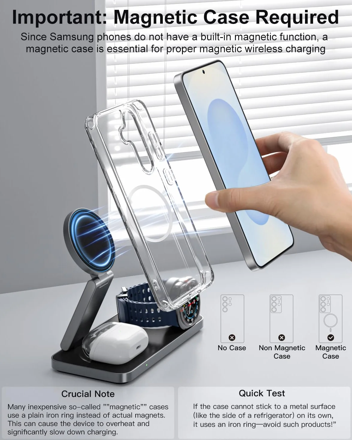 Stazione di Ricarica 3 in 1 per Samsung, Caricatore Wireless Pieghevole per Galaxy S26/S25/S24/S23/Z Fold/Flip Series, Galaxy Watch Ultra/8/7/6/5, Galaxy Buds Pro/3/2, Incl. Adattatore 20W-Nero