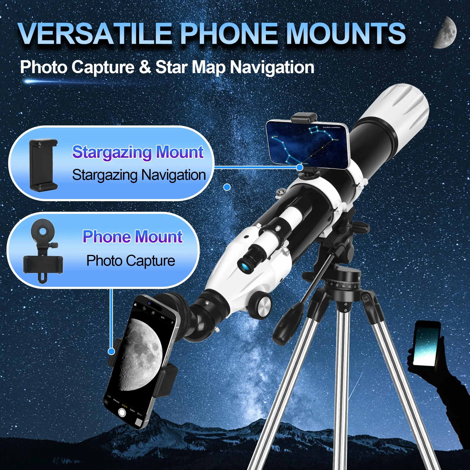 Telescopio Astronomico, 90 mm Apertura 900mm Rifrattore Telescopio Astronomico Professionale per Adulti e Principianti - con Borsa, Treppiede, Adattatore per Telefono
