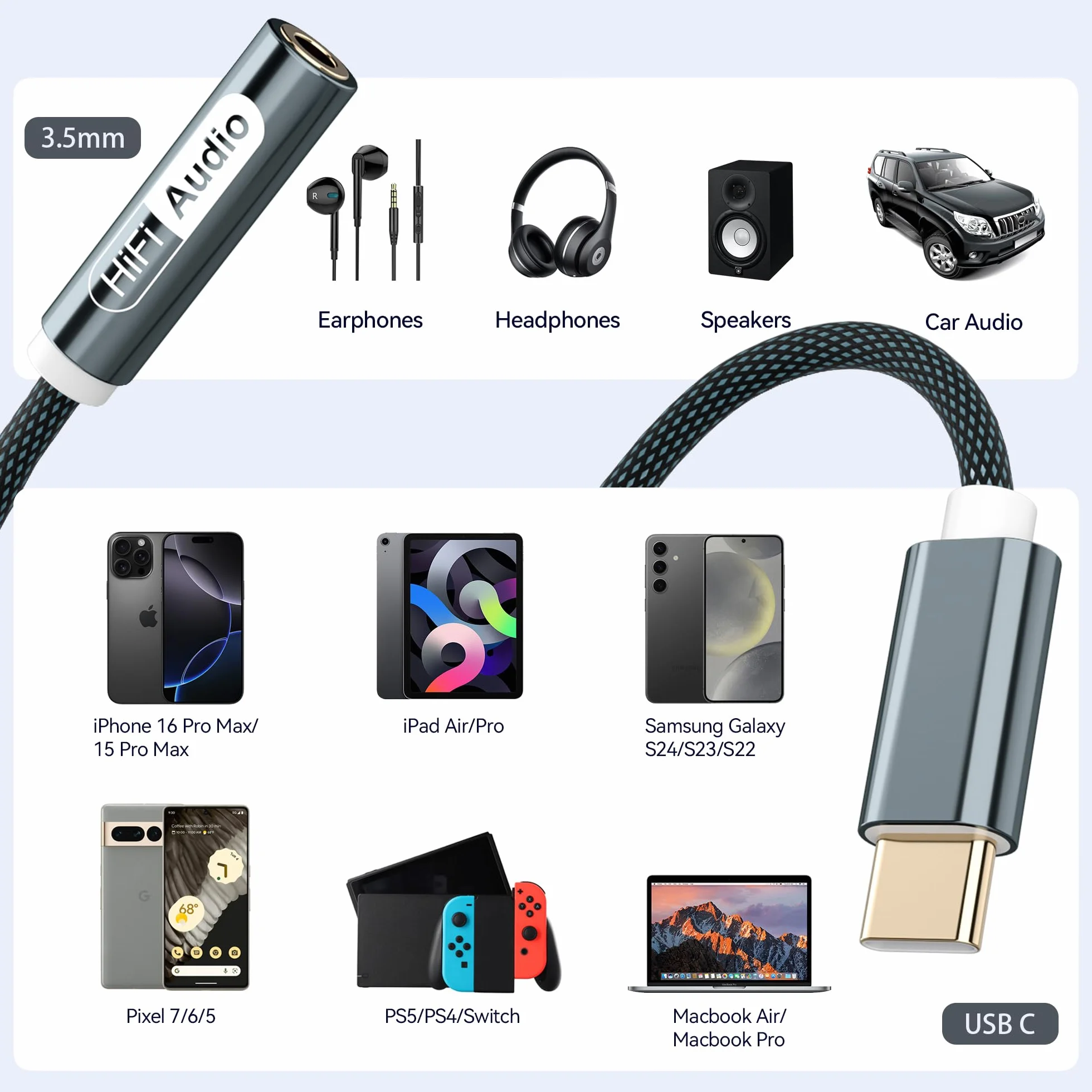 YISH Adattatore USB C Jack 3.5mm：Audio Aux USB Tipo C a Jack Adattatore con Chip DAC per 3.5mm Cuffie Compatibile con iPhone 17 16 15 Pro Max Air Samsung Galaxy S26 S25 S24 S23 Ultra iPad MacBook Pro