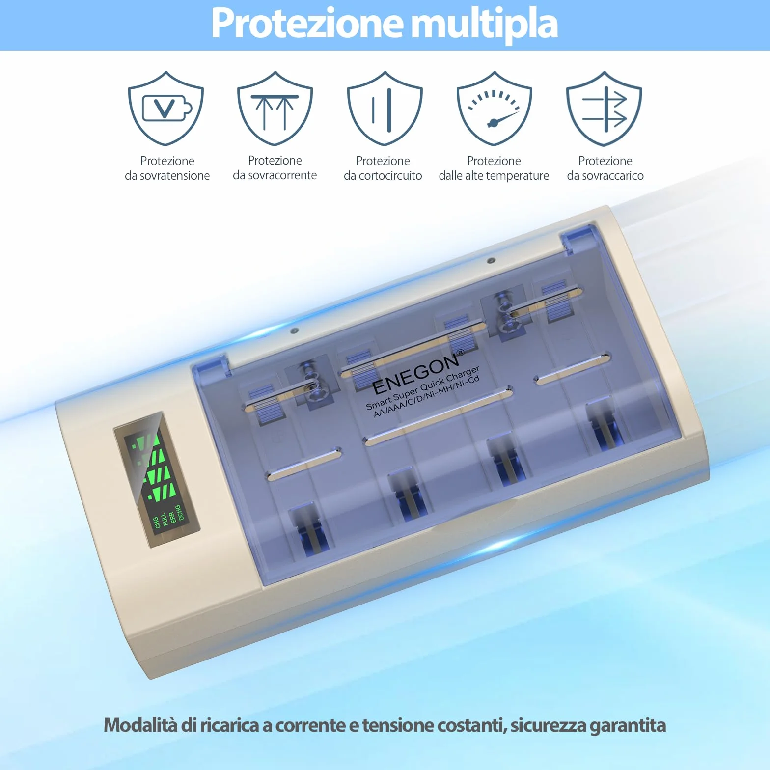 ENEGON Caricabatterie Universale per AA/AAA/C/D/9V NiMH/NiCD, con Display LCD, Funzione di Scarica e 4 Slot (Senza Adattatore)