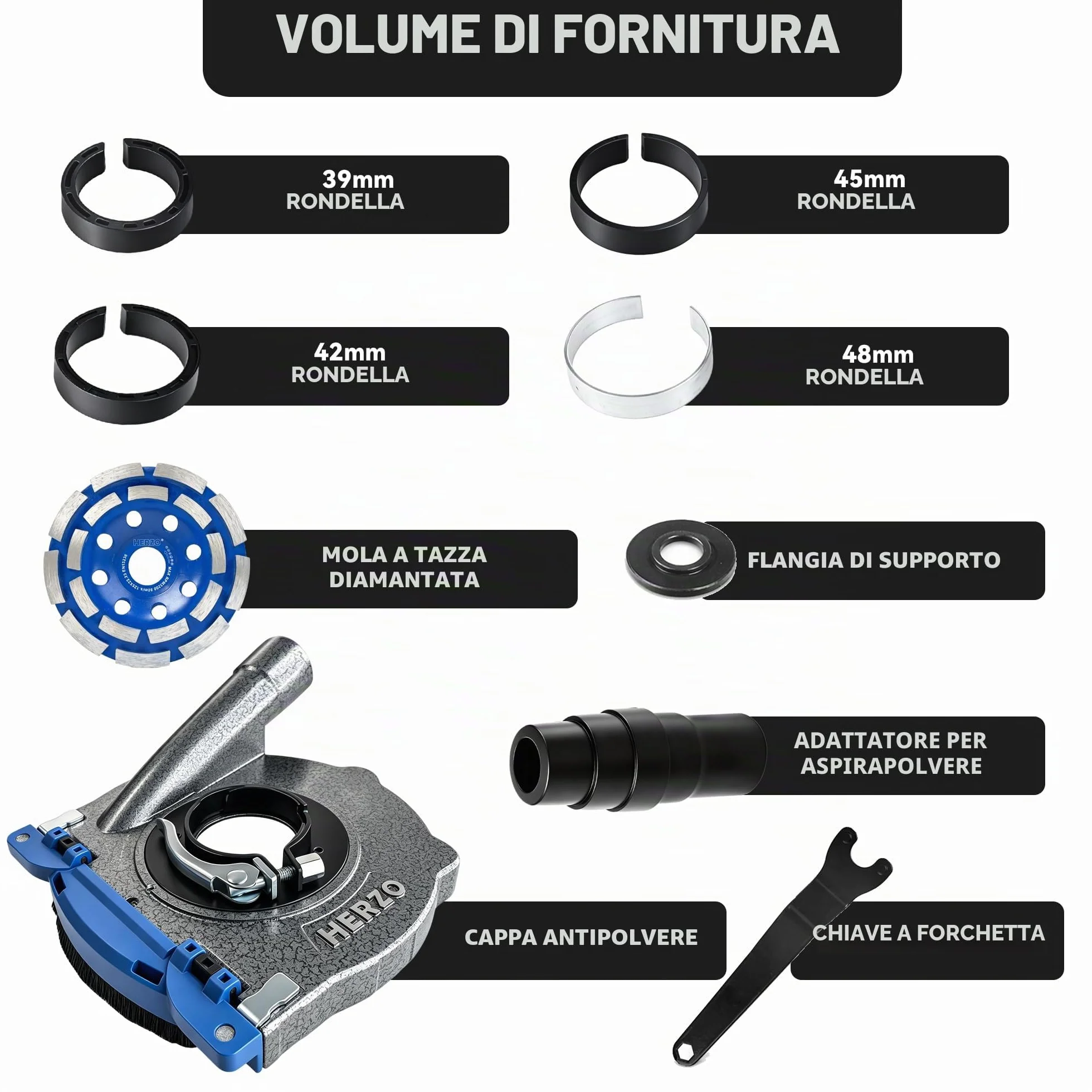 HERZO Cuffia Aspirazione Smerigliatrice Angolare 115/125mm Disco Diamantato 125mm