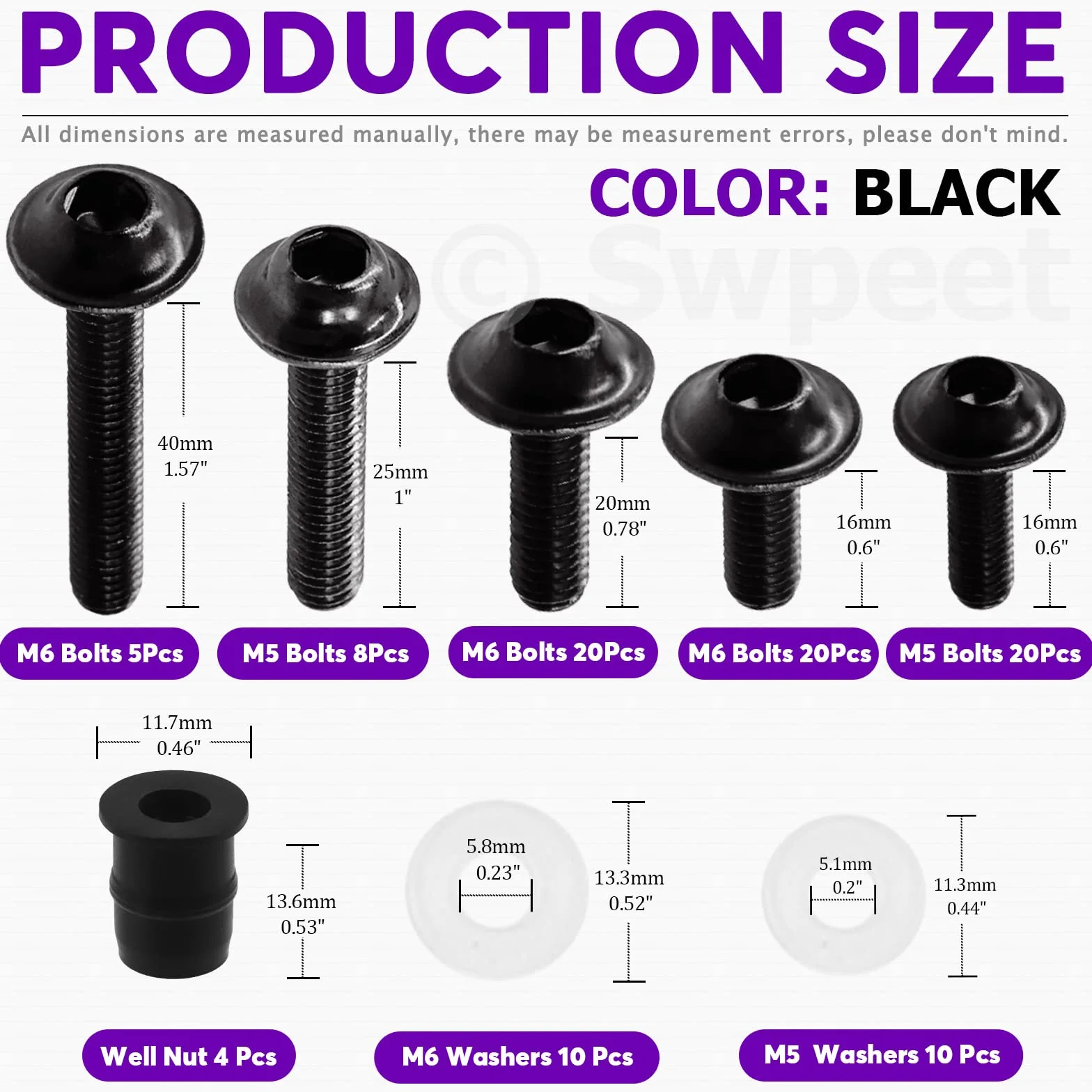 Swpeet 177Pcs Kit Bulloni Moto M5 M6 Viti Parabrezza Carenatura Nero
