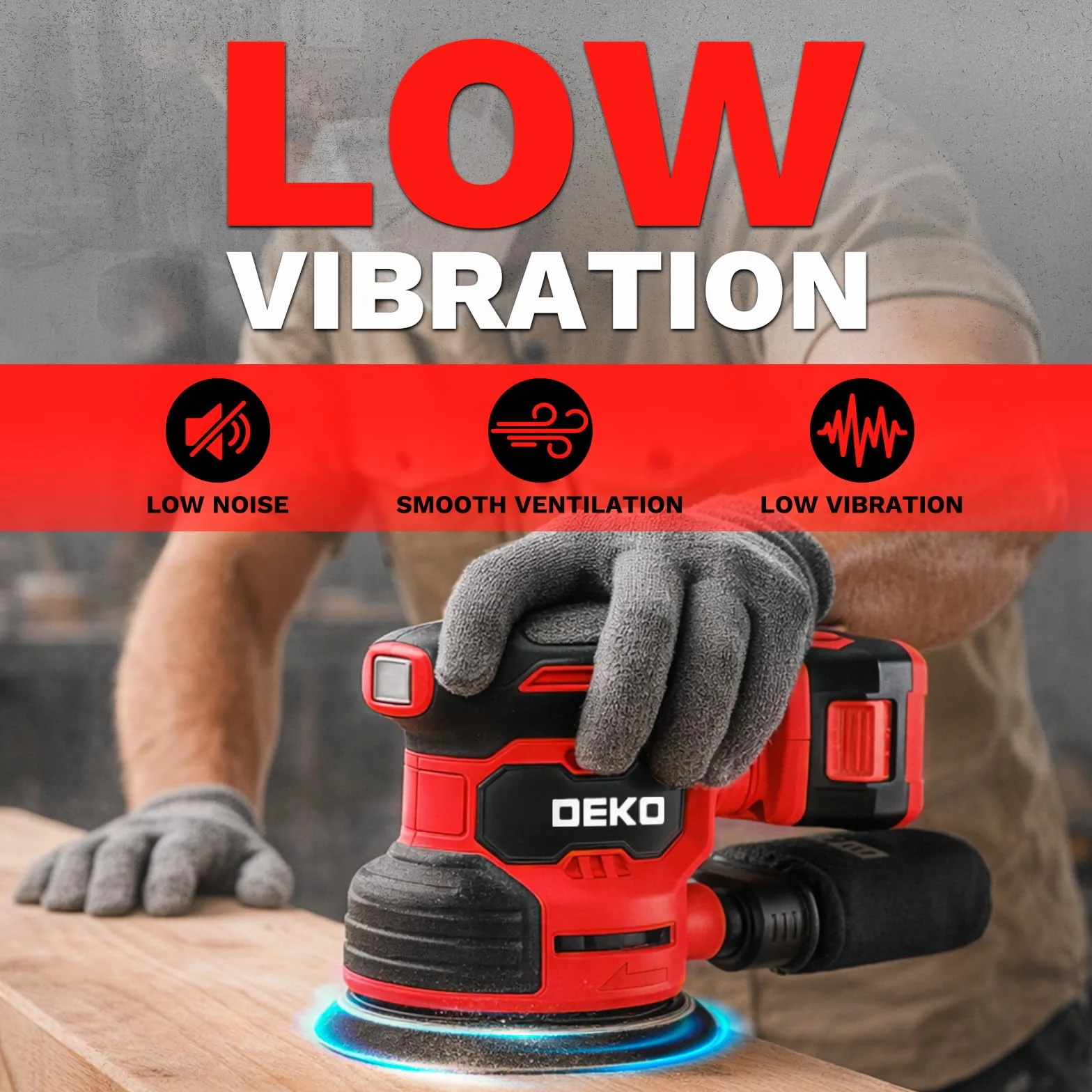 Levigatrice Orbitale a Batteria: DEKOPRO Levigatrice Rotorbitale con 1 Batteria 2000mAh, Orbitale per Legno da 125 mm, 13000 RPM, con Sacchetto per la Polvere e 15 Fogli di Carta Vetrata Rosso