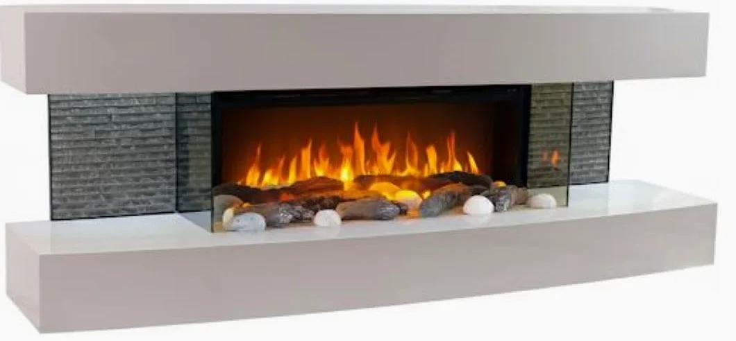 CHEMIN'ARTE Camino elettrico Lounge effetto fiamma LED - da parete - Bianco - 120cm - Telecomando, Caminetto con Timer e Controllo Automatico di Temperatura